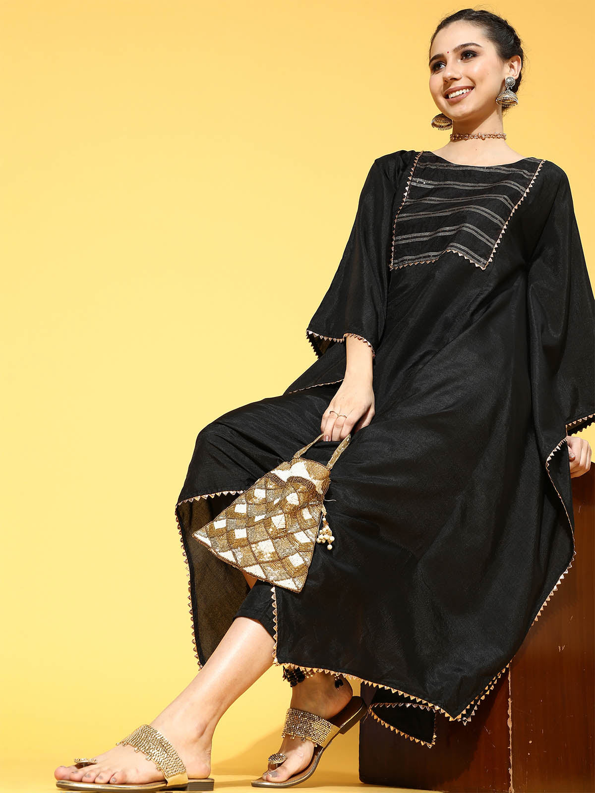 Women's Black Solid A-Line Kaftan Trouser Set - Odette