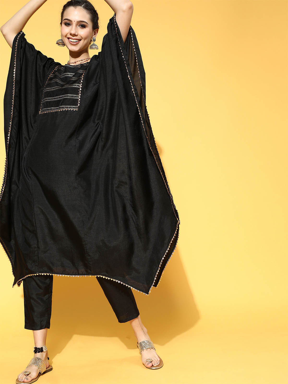 Women's Black Solid A-Line Kaftan Trouser Set - Odette
