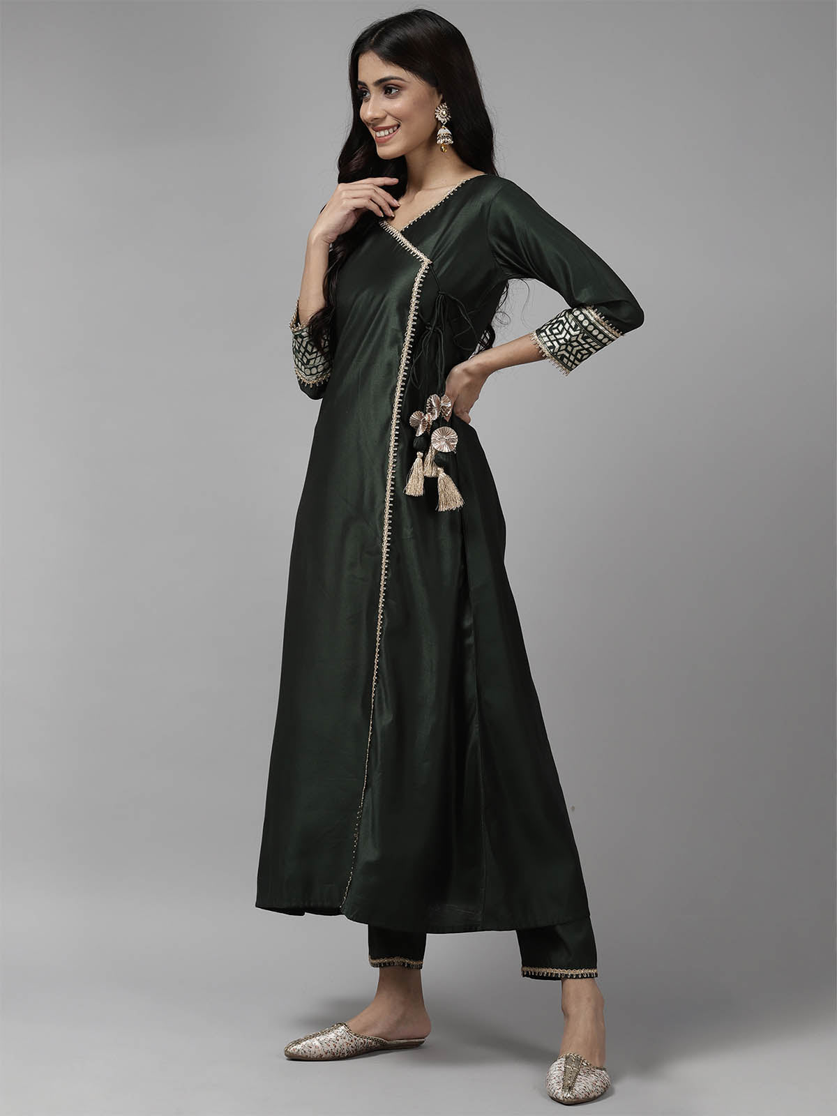 Women's Green Solid Angrakha Kurta Trouser Set - Odette