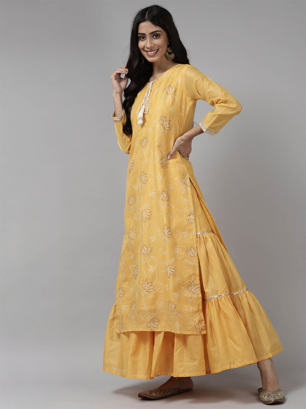 Women's Yellow Printed Straight Kurta Sharara With Dupatta Set - Odette