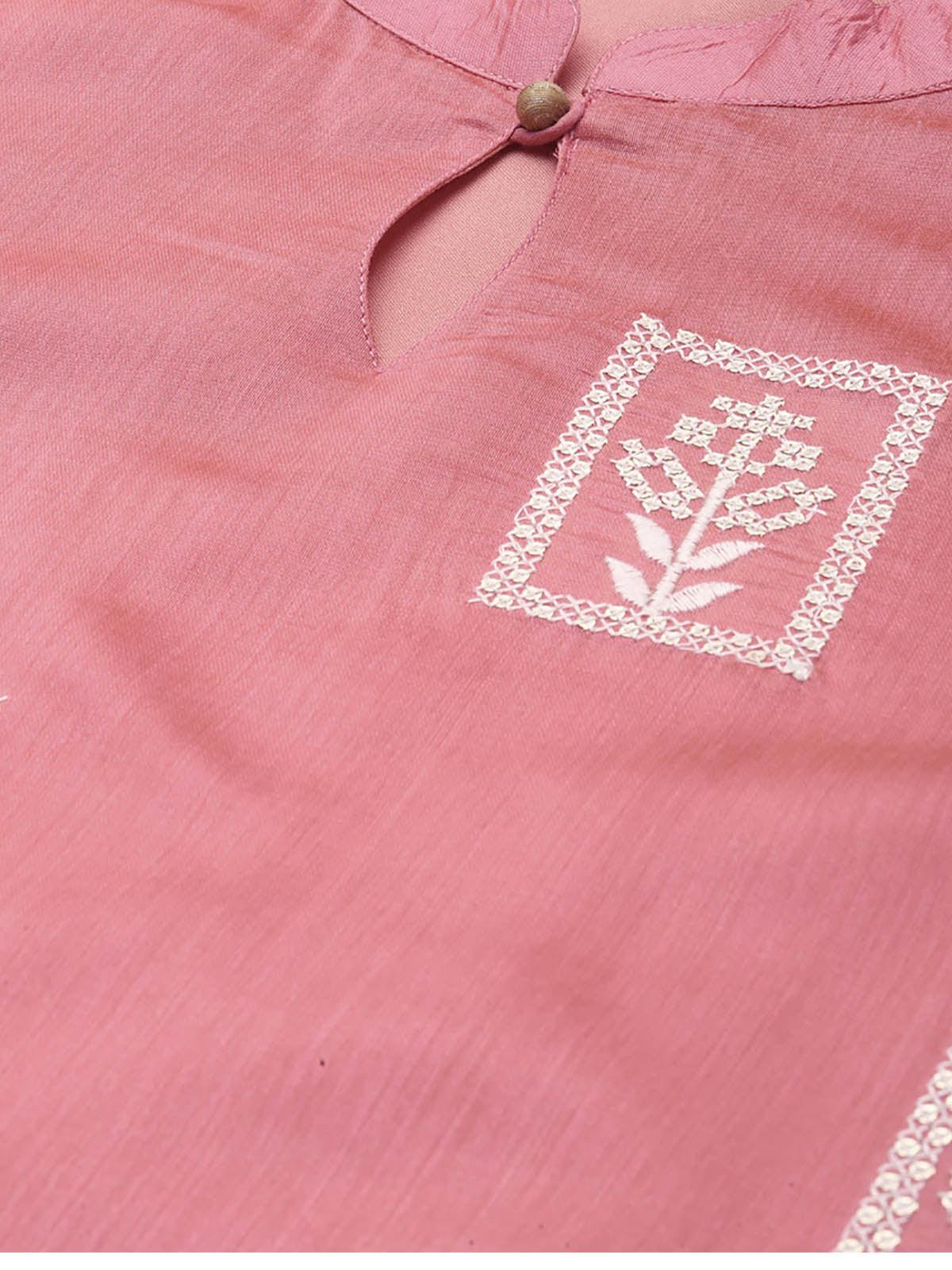 Women's Pink Embroidered Straight Kurta Trouser Set - Odette