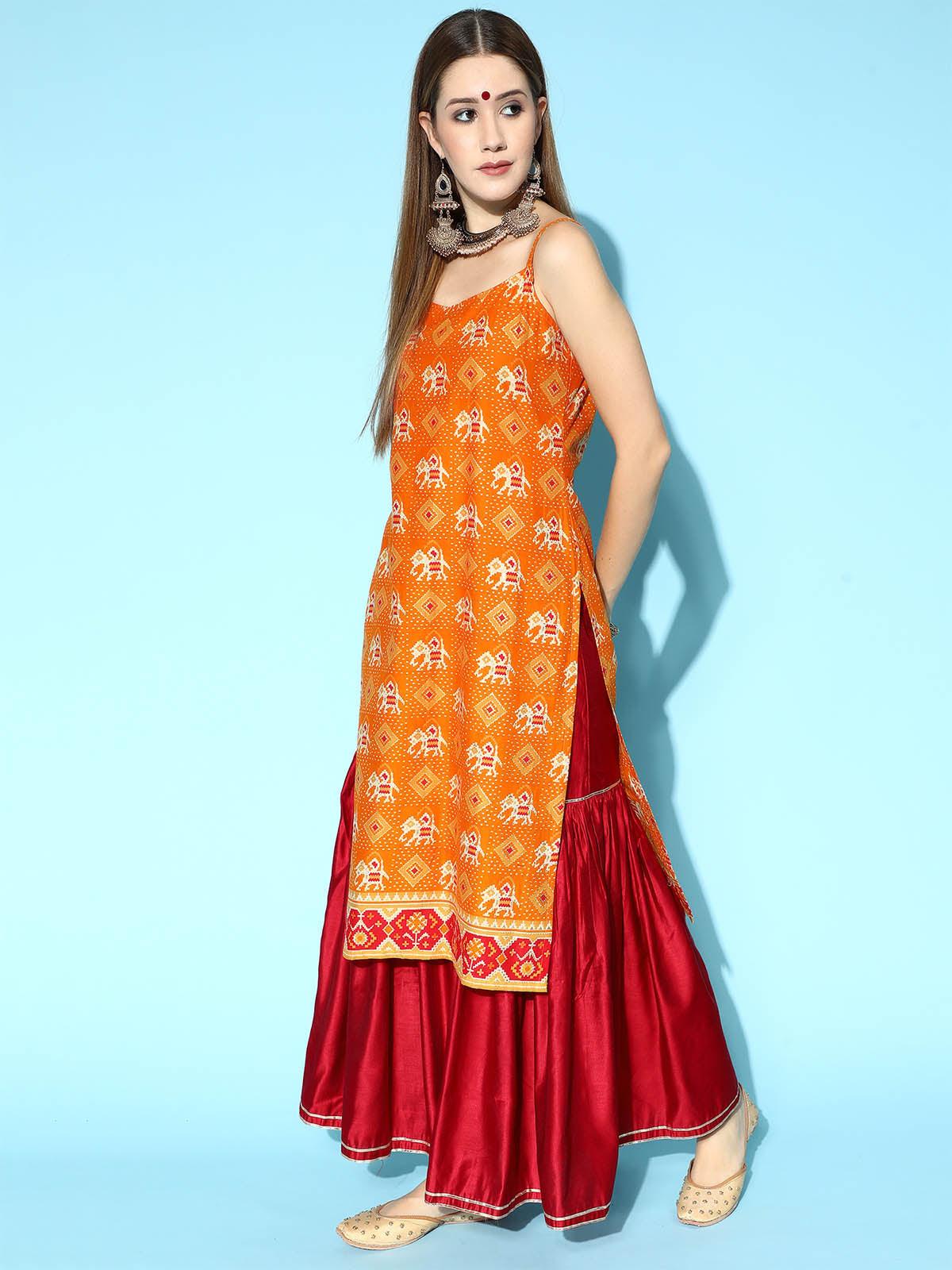 Orange Printed Straight Kurta Sharara With Dupatta Set - Odette