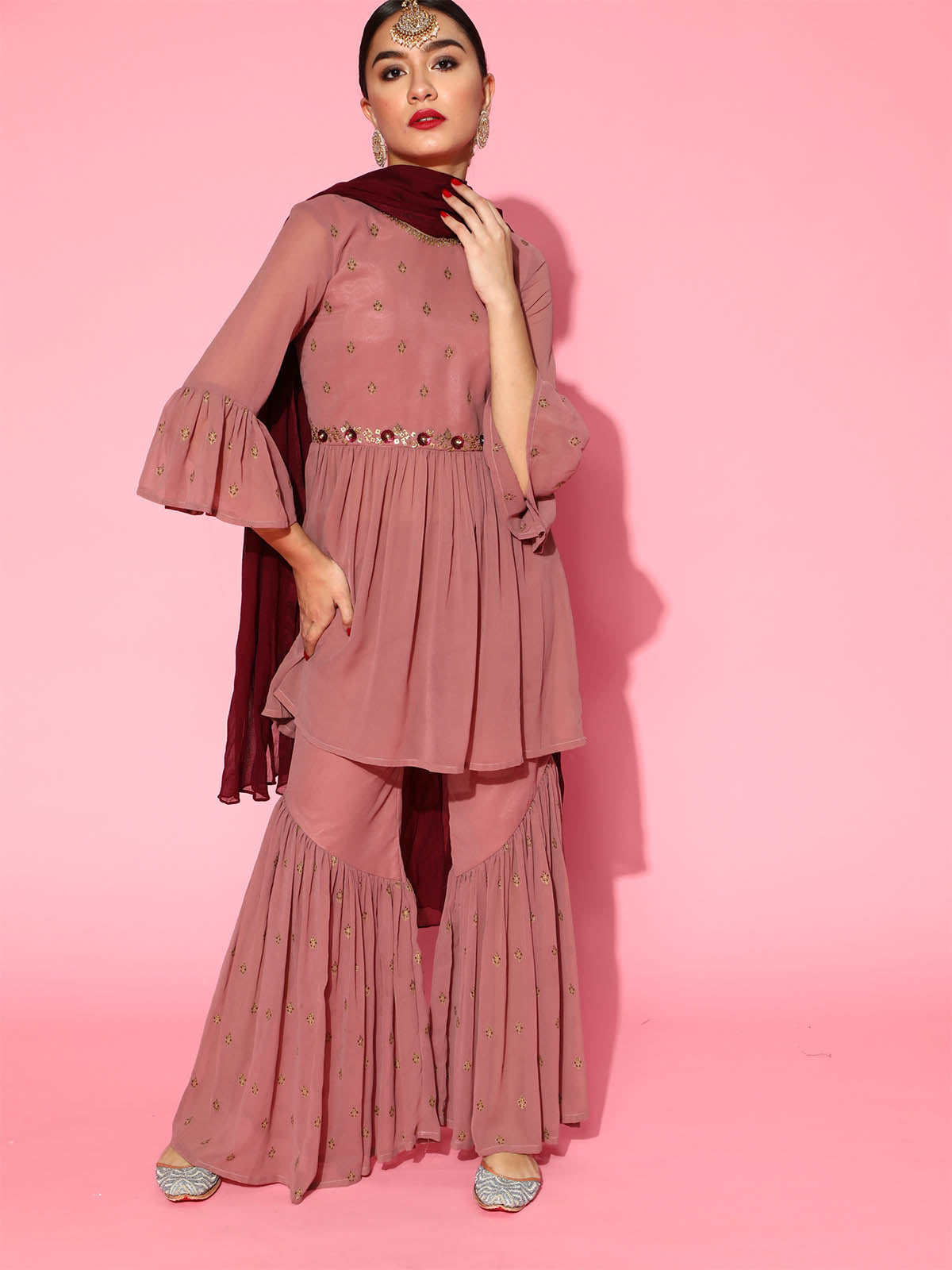 Women's Lilac Solid A-line Kurta With Sharara Set - Odette