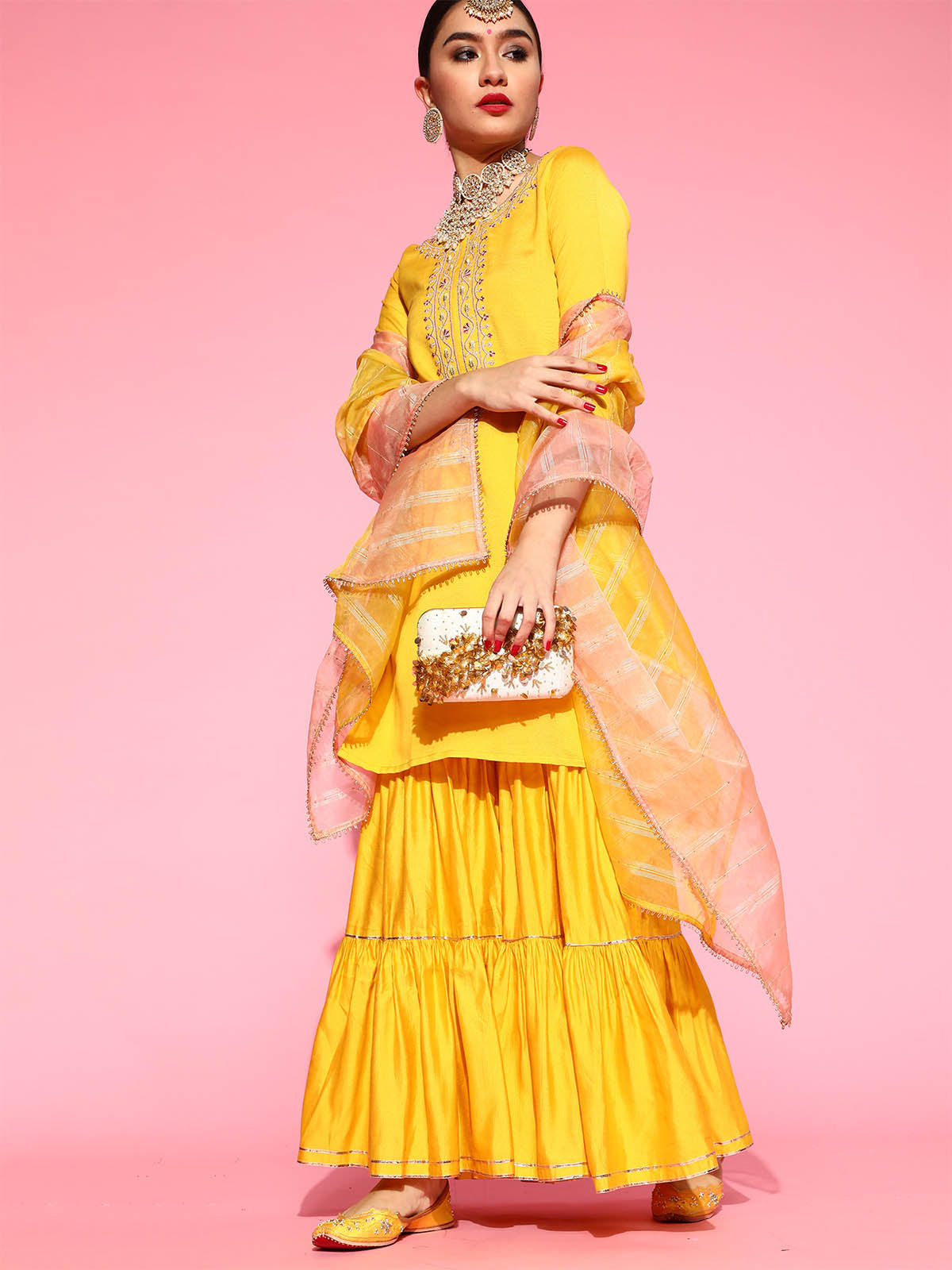 Women's Yellow Embroidered Straight Kurta Sharara Dupatta Set - Odette