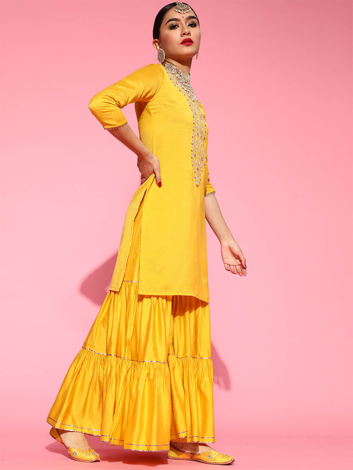 Women's Yellow Embroidered Straight Kurta Sharara Dupatta Set - Odette