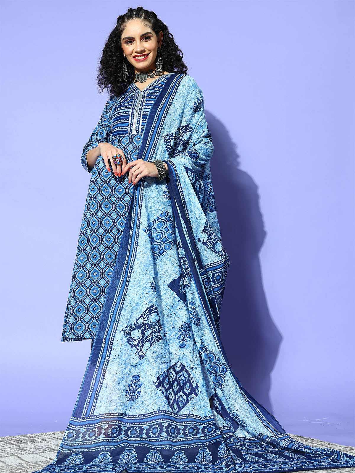 Women's Blue Printed Kurta Trouser With Dupatta Set For Women - Odette