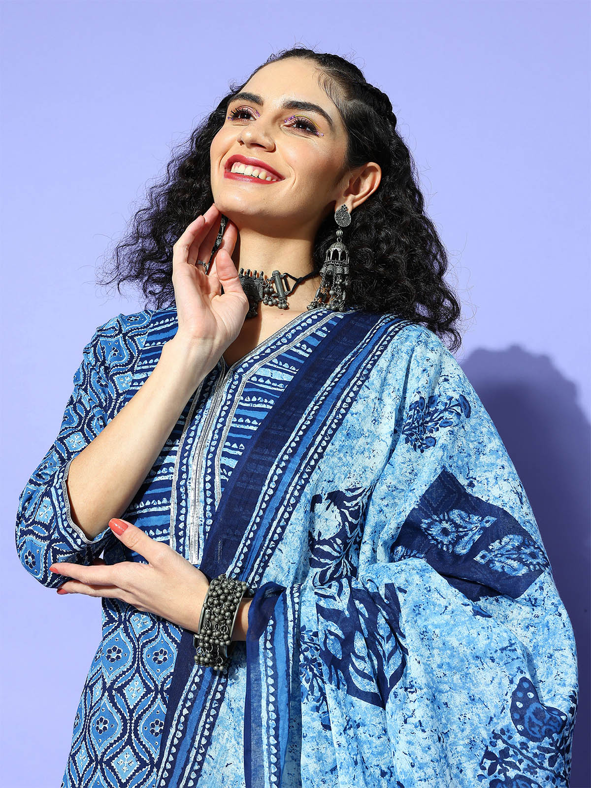 Women's Blue Printed Kurta Trouser With Dupatta Set For Women - Odette