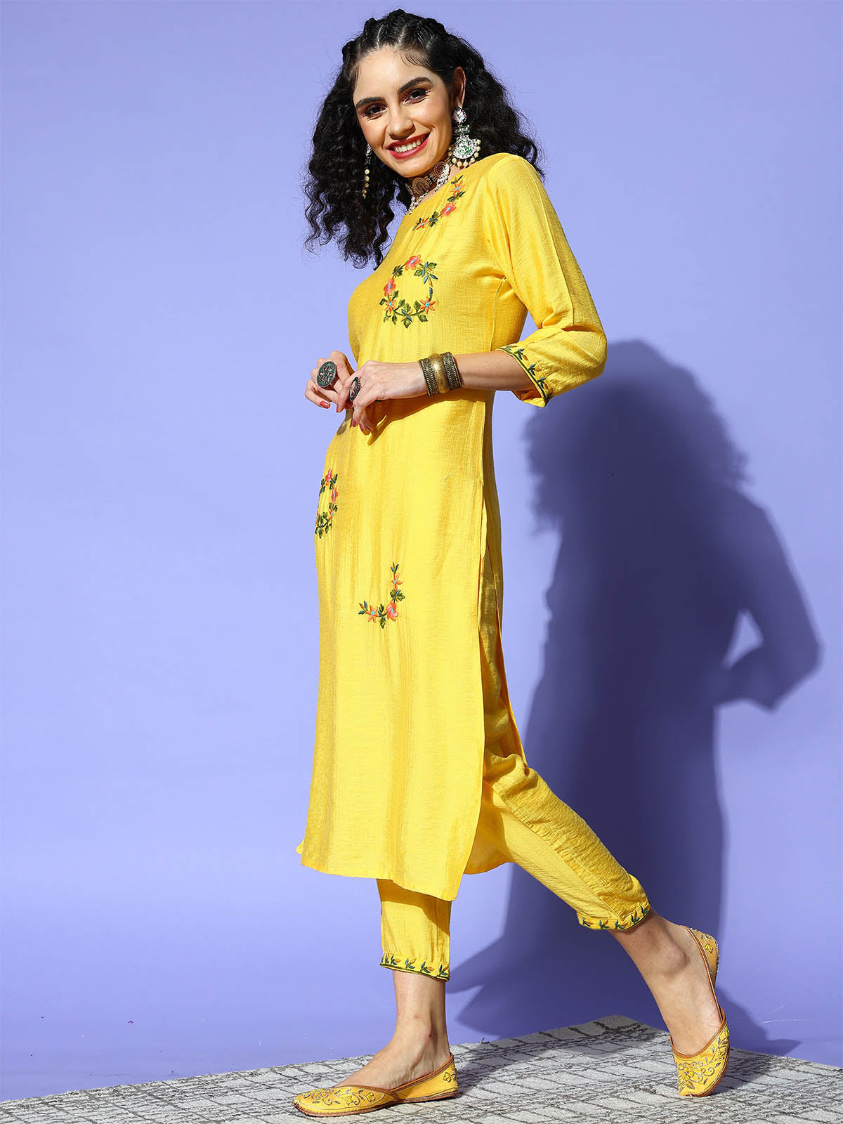Women's Yellow Floral Embroidered Straight Kurta Set - Odette