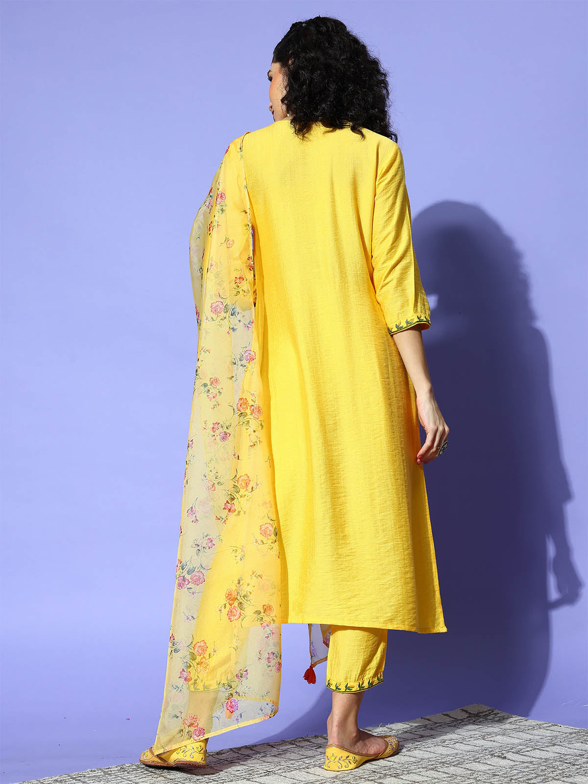 Women's Yellow Floral Embroidered Straight Kurta Set - Odette