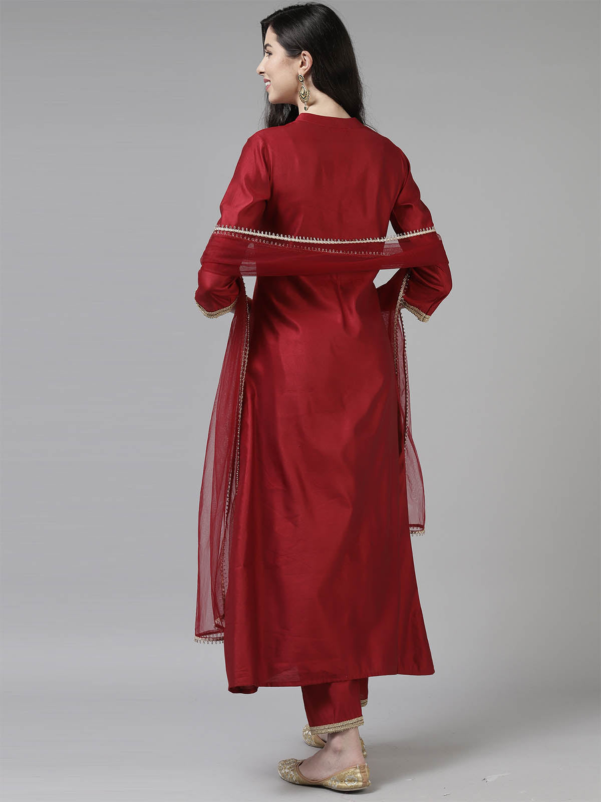 Women's Red Embroidered Straight Kurta Set - Odette
