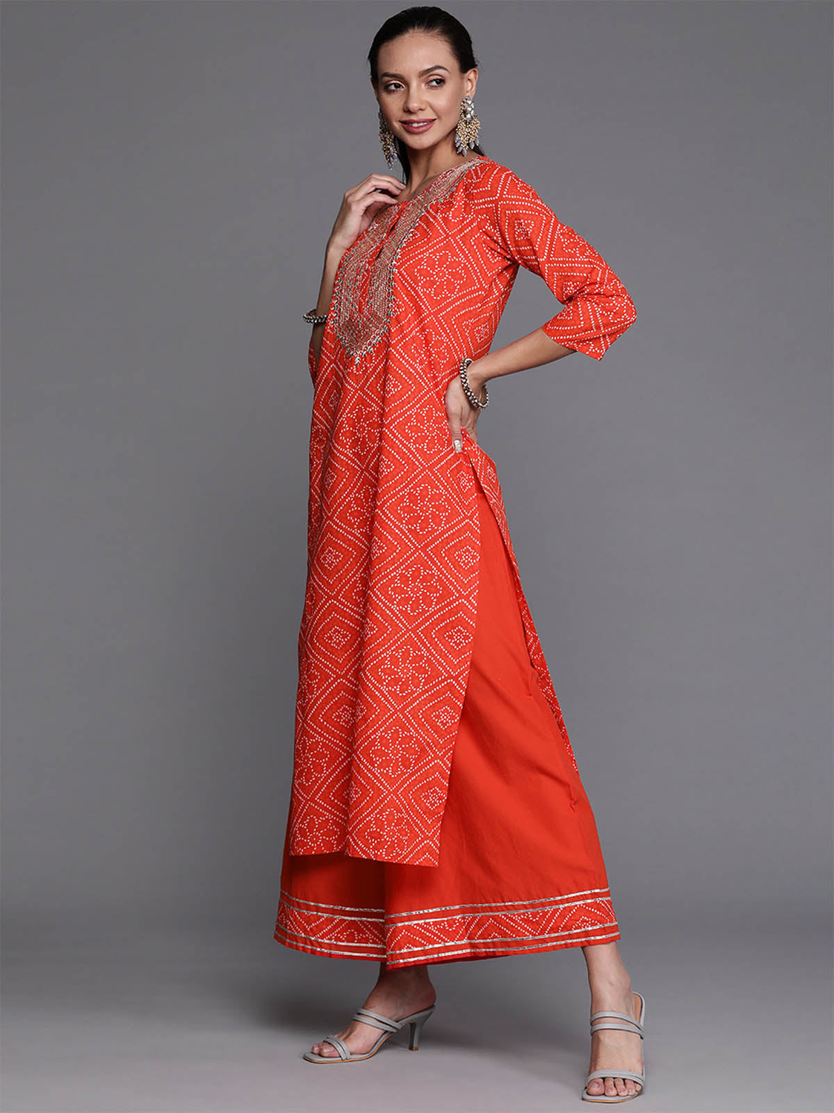 Women's Red Embroidered Straight Kurta Palazzo With Dupatta Set - Odette