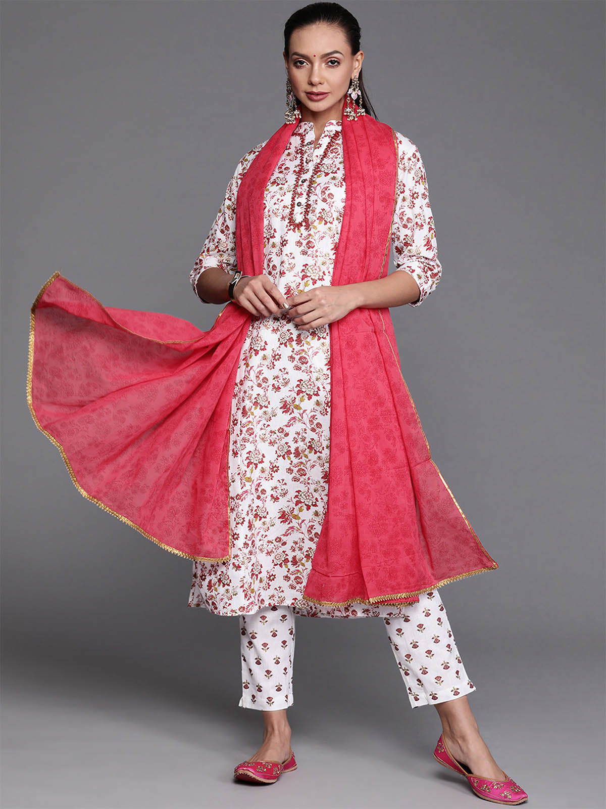 Women's Red Floral Printed Straight Kurta Trouser With Dupatta Set - Odette
