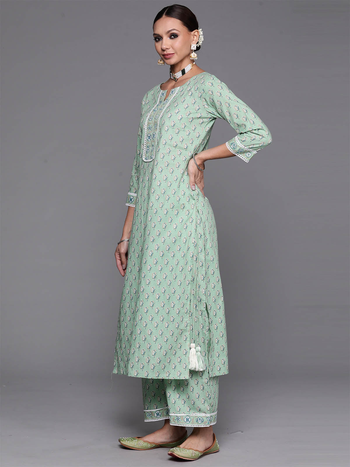 Women's Sea Green Floral Printed Straight Kurta Palazzzo With Dupatta Set - Odette