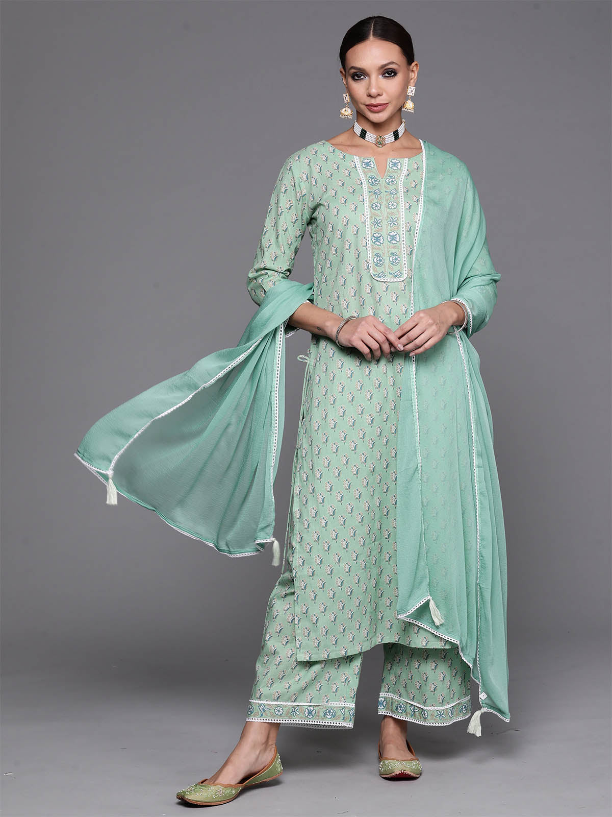 Women's Sea Green Floral Printed Straight Kurta Palazzzo With Dupatta Set - Odette