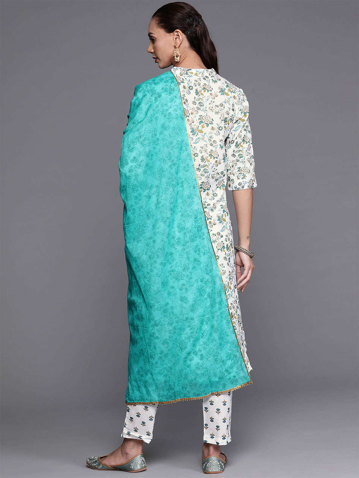 Women's Sea Green Floral Printed Straight Kurta Trouser With Dupatta Set - Odette