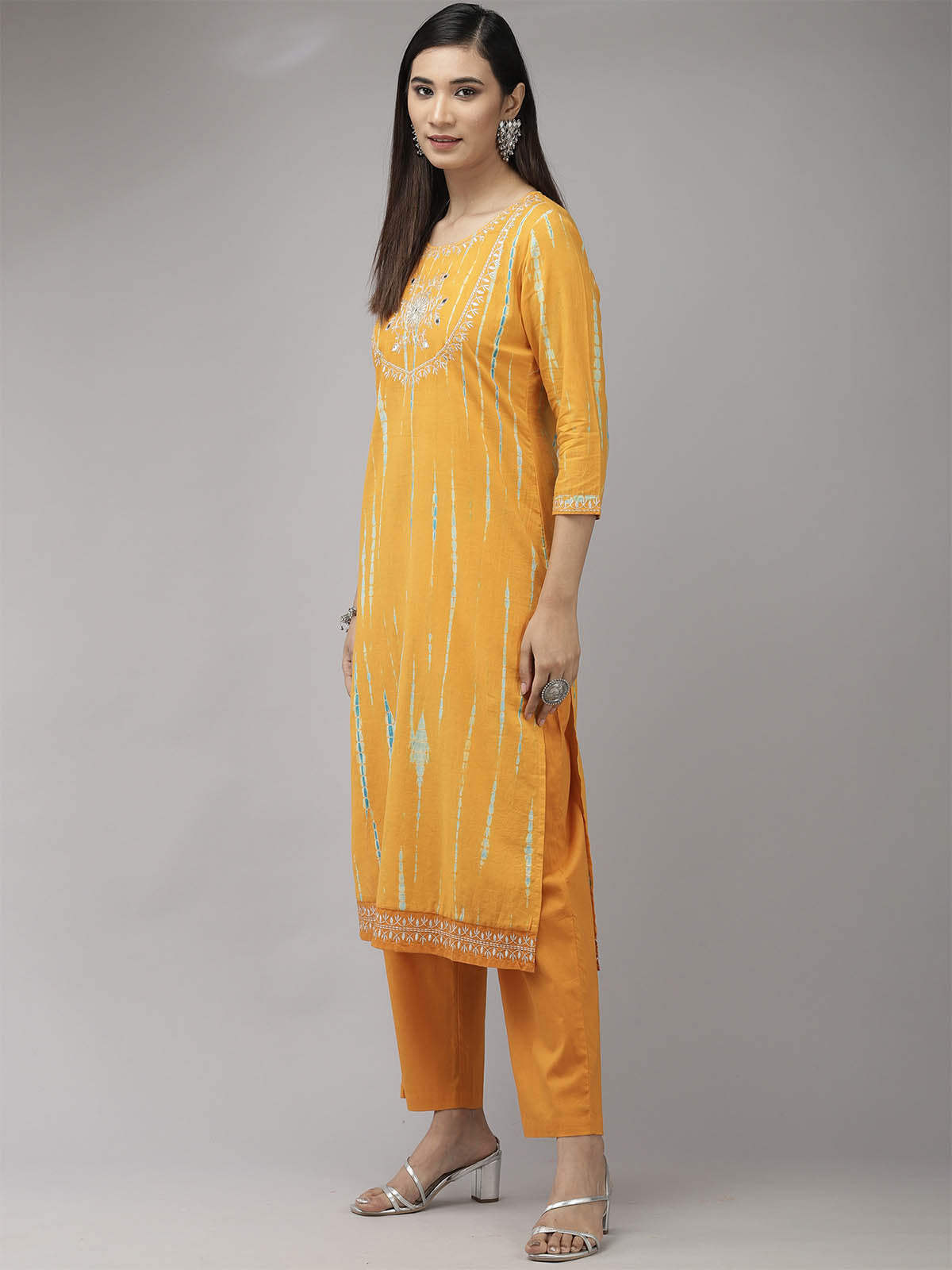 Women's Yellow Embroidered Straight Kurta Set - Odette