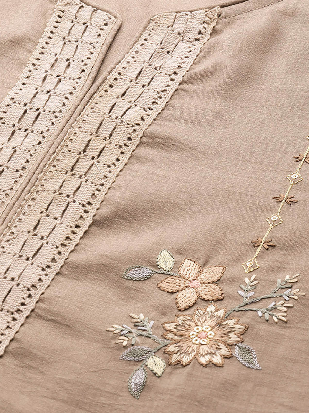 Women's Beige Floral Embroidered Straight Kurta Trouser With Dupatta Set - Odette
