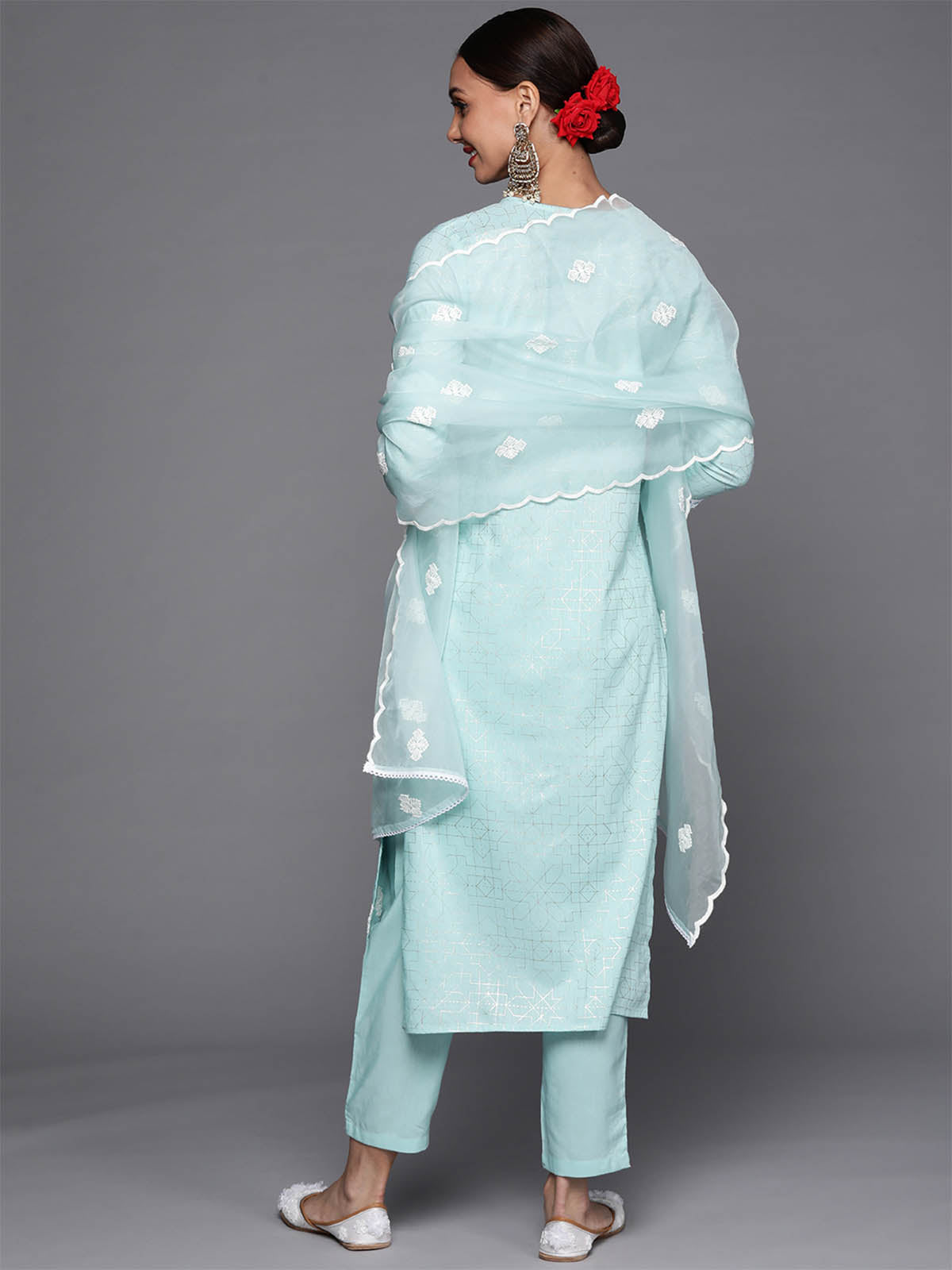 Women's Blue Foil Printed Straight Kurta Trouser With Dupatta Set - Odette
