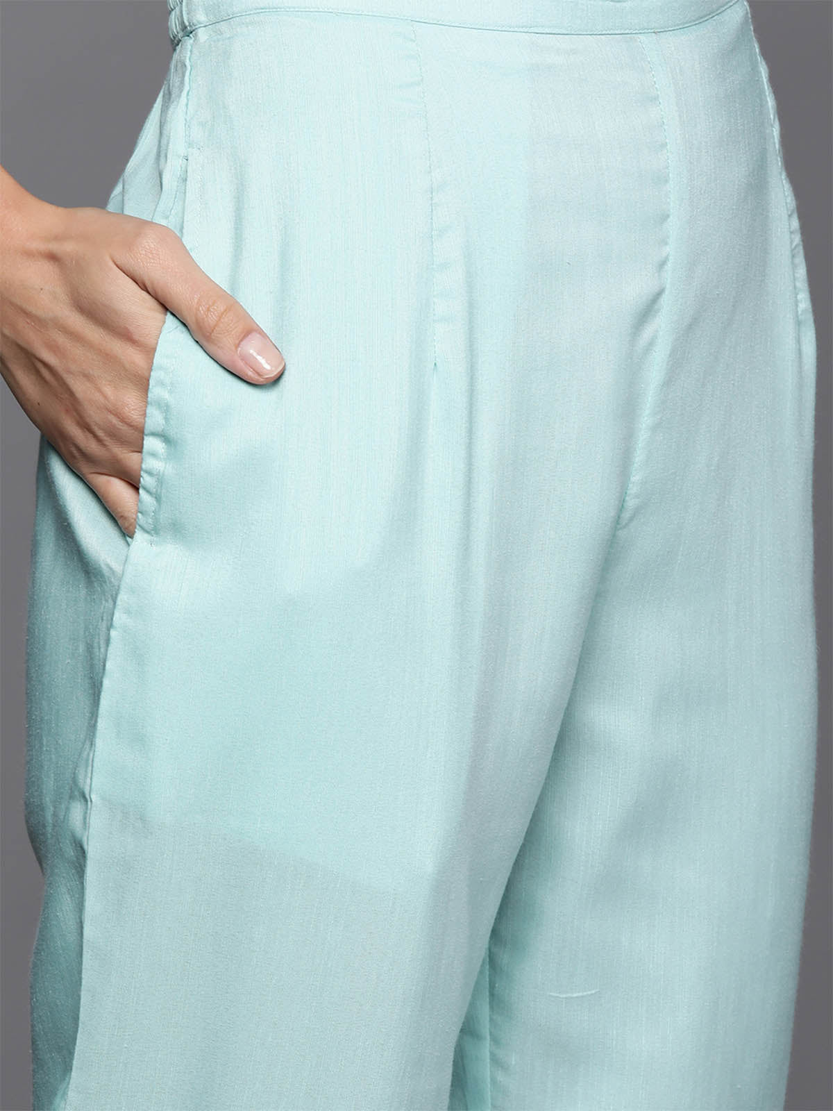 Women's Blue Foil Printed Straight Kurta Trouser With Dupatta Set - Odette
