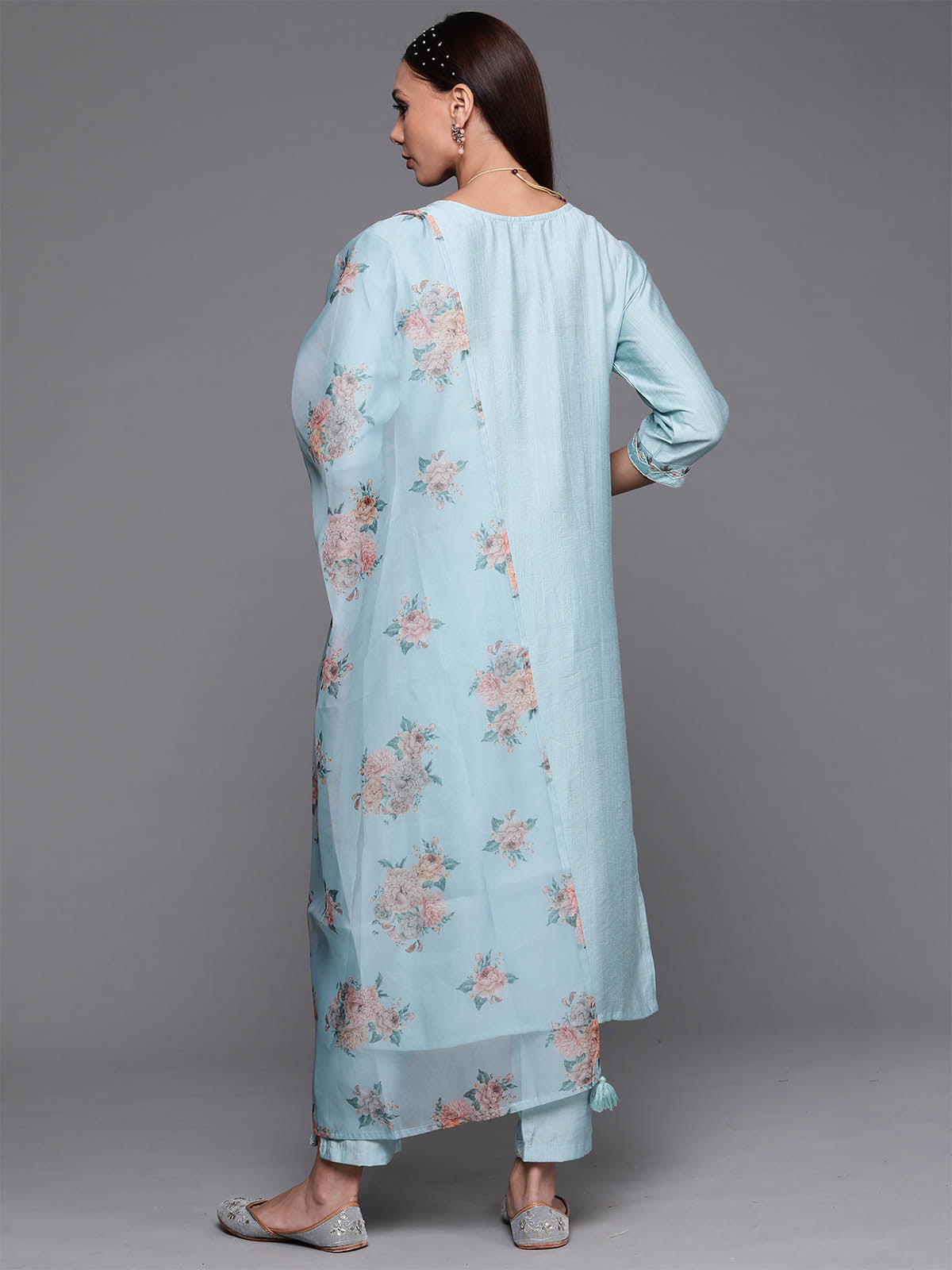 Women's Blue Floral Embroidered Straight Kurta Trouser With Dupatta Set - Odette