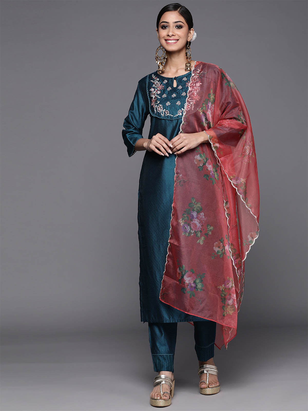 Women's Blue Embroidered Straight Kurta Trousers With Dupatta Set - Odette