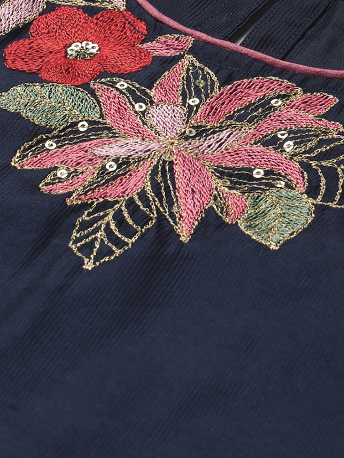 Women's Navy Blue Embroidered Straight Kurta Set - Odette