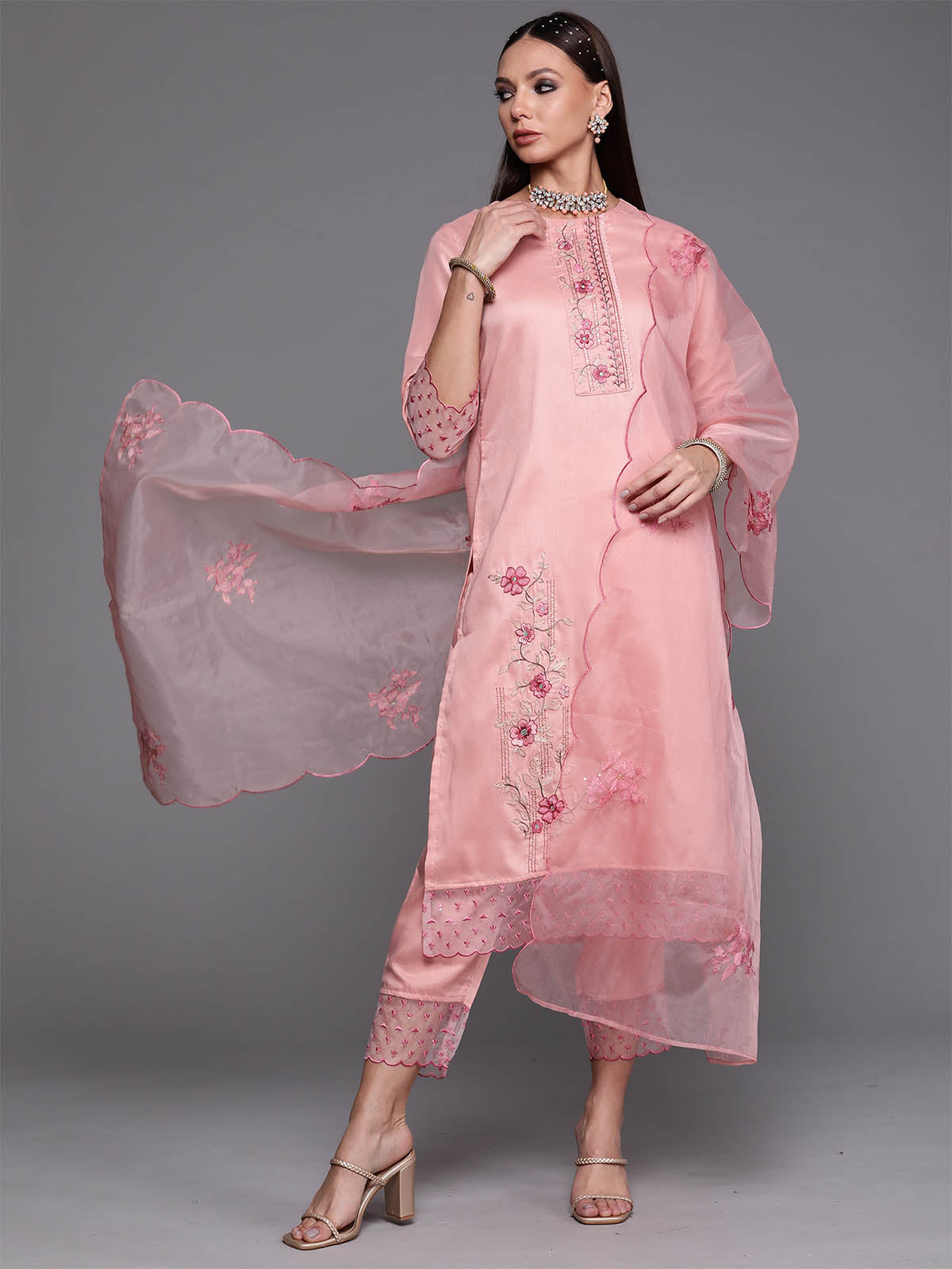 Women's Pink Floral Embroidered Straight Kurta Trouser With Dupatta Set - Odette