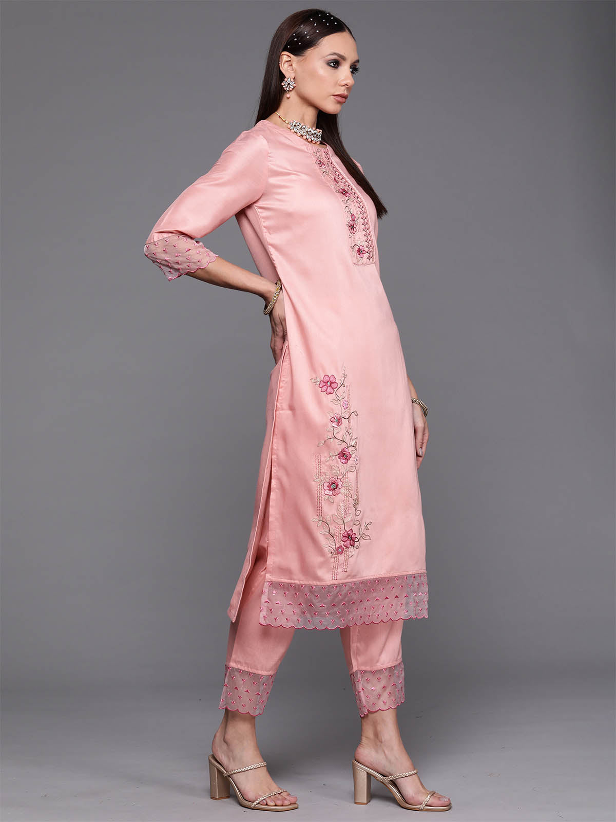 Women's Pink Floral Embroidered Straight Kurta Trouser With Dupatta Set - Odette