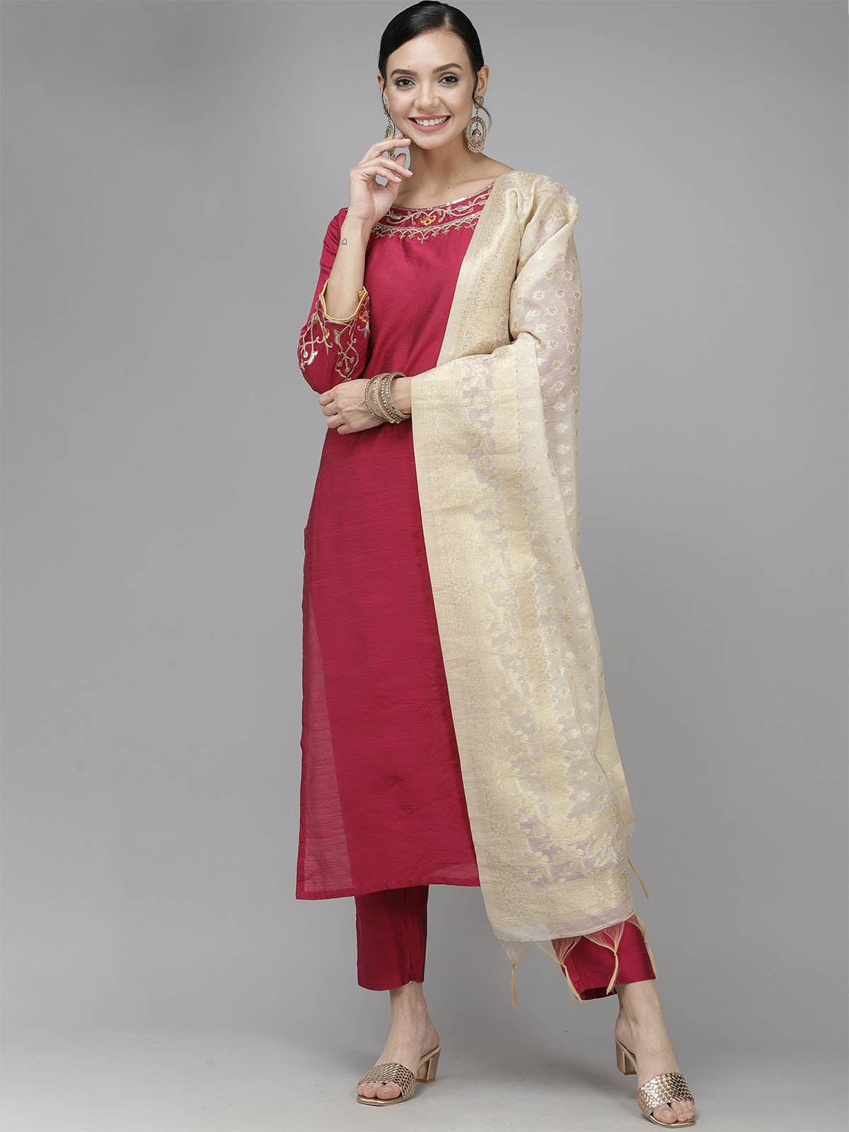 Women's Red Embroidered Straight Kurta Palazzo With Dupatta Set - Odette