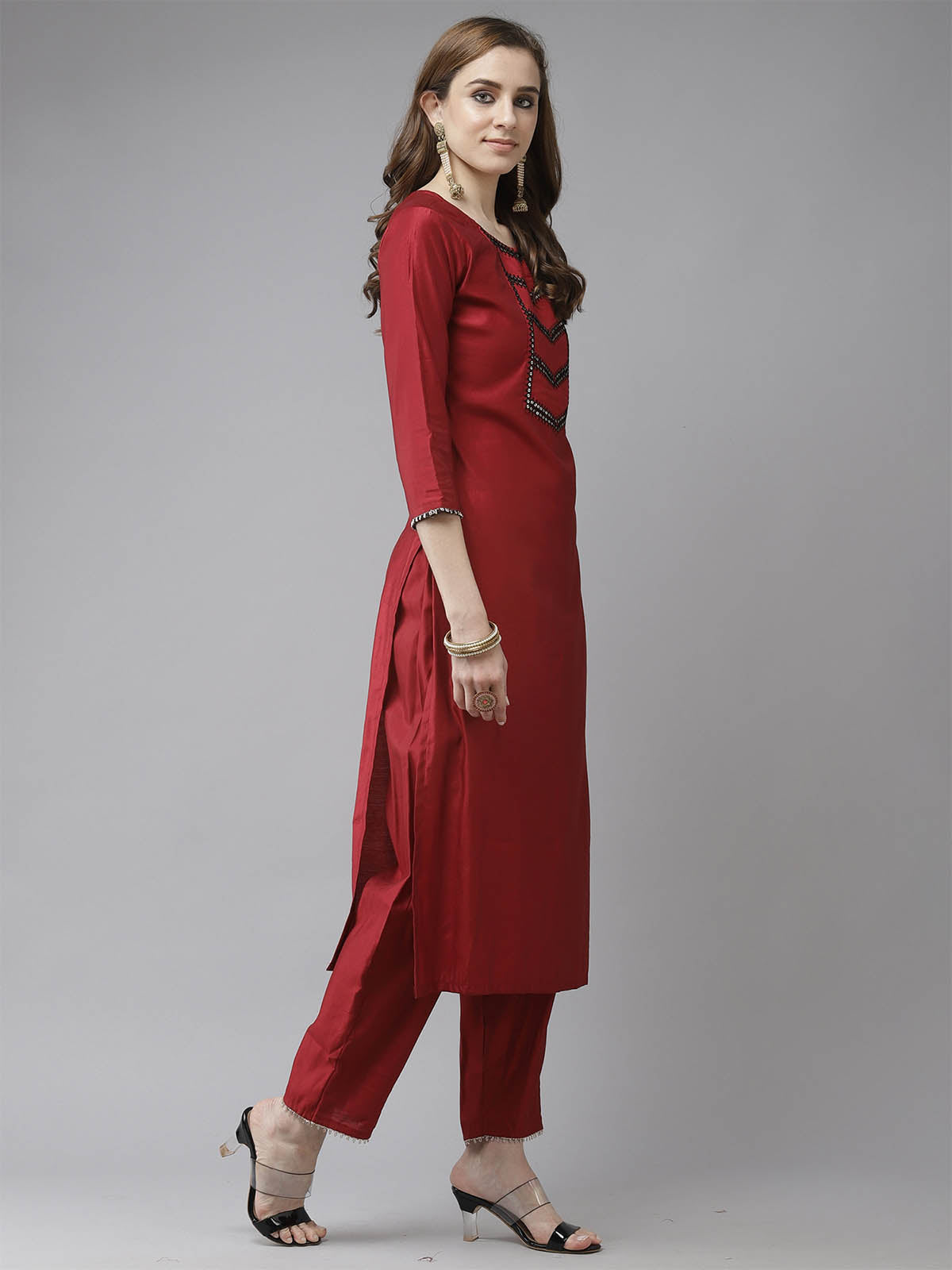 Women's Red Solid Straight Kurta Set - Odette