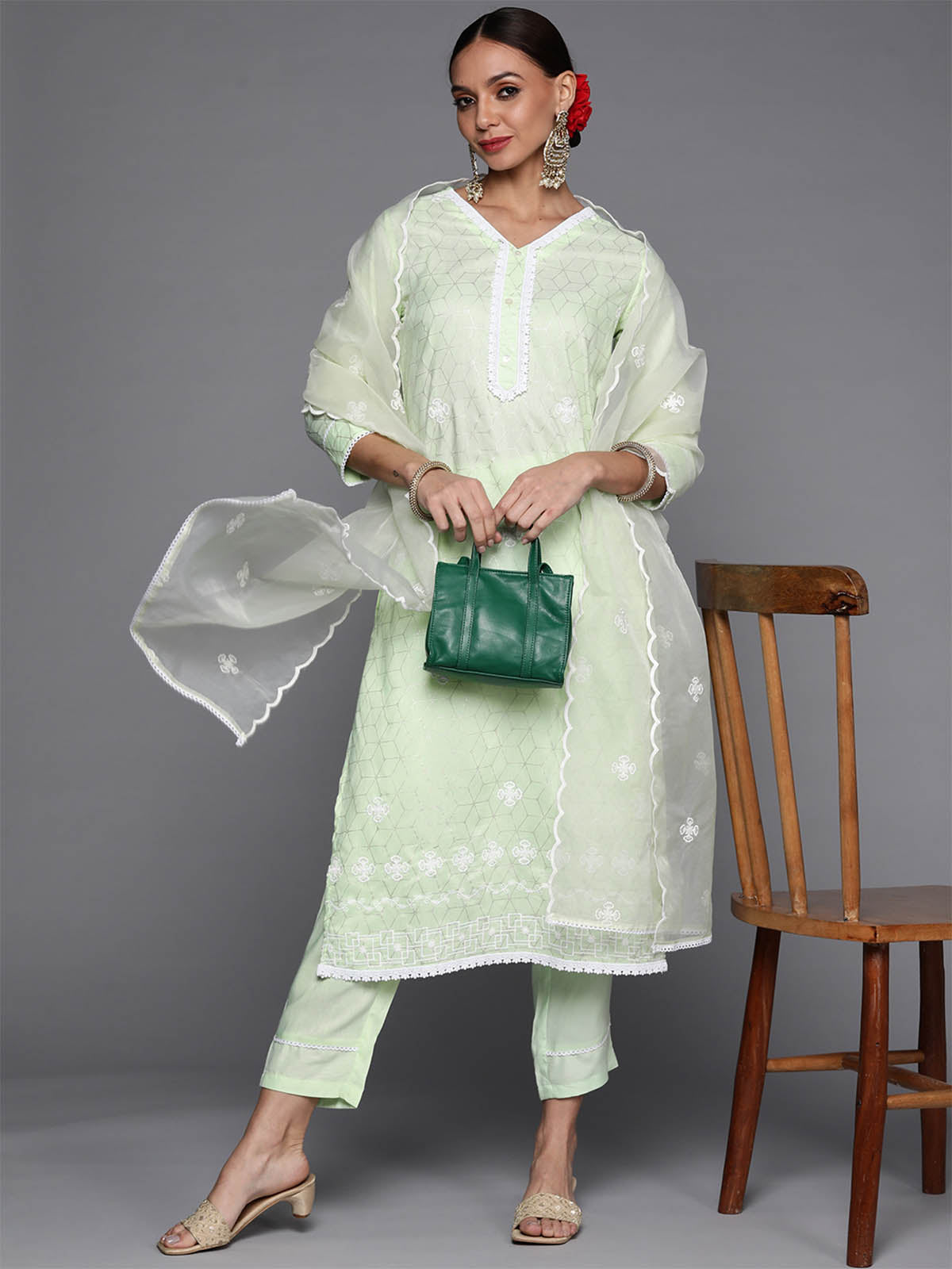 Women's Sea Green Foil Printed Straight Kurta Trouser With Dupatta Set - Odette