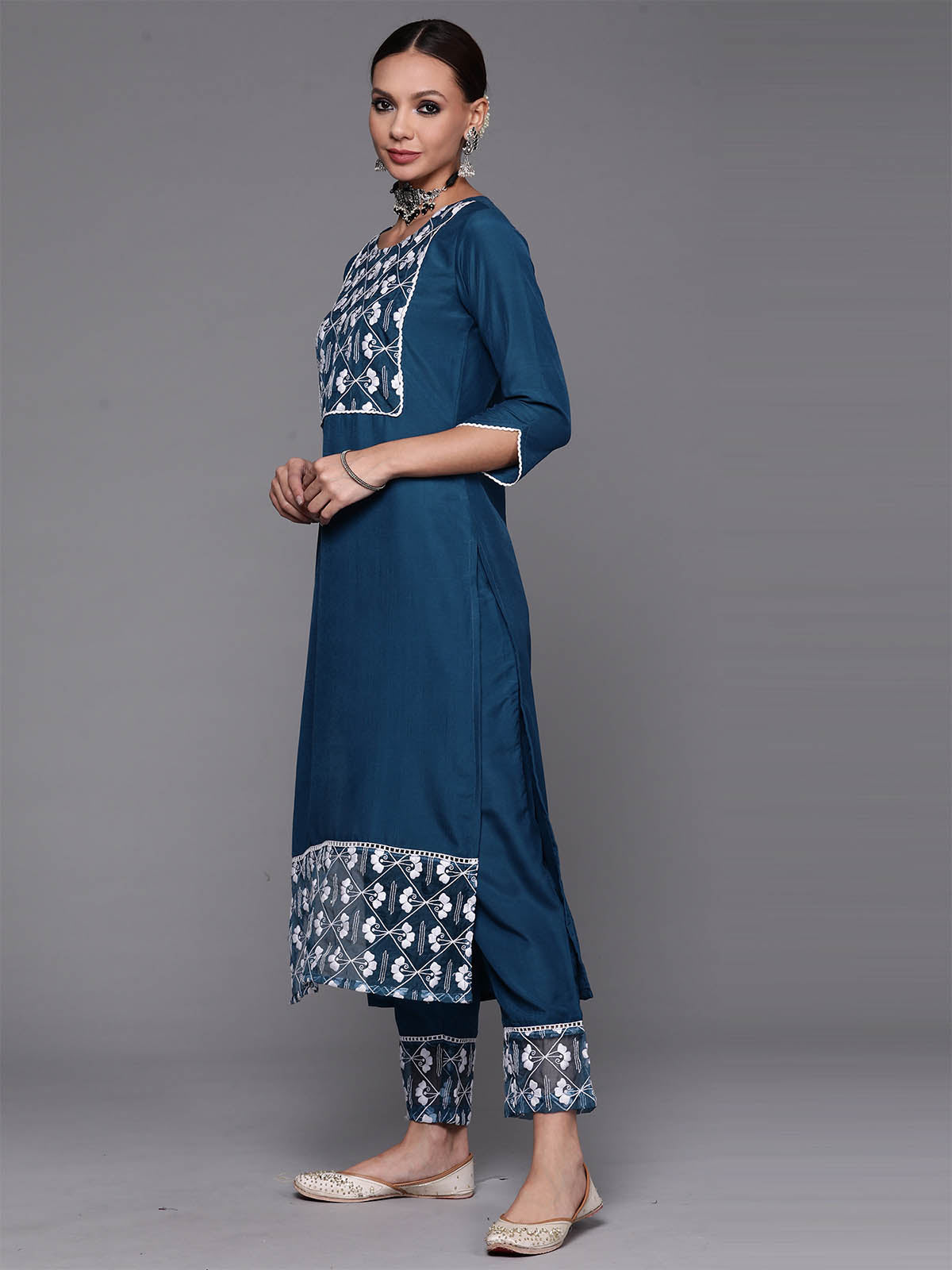 Women's Teal Embroidered Straight Kurta Trouser With Dupatta Set - Odette