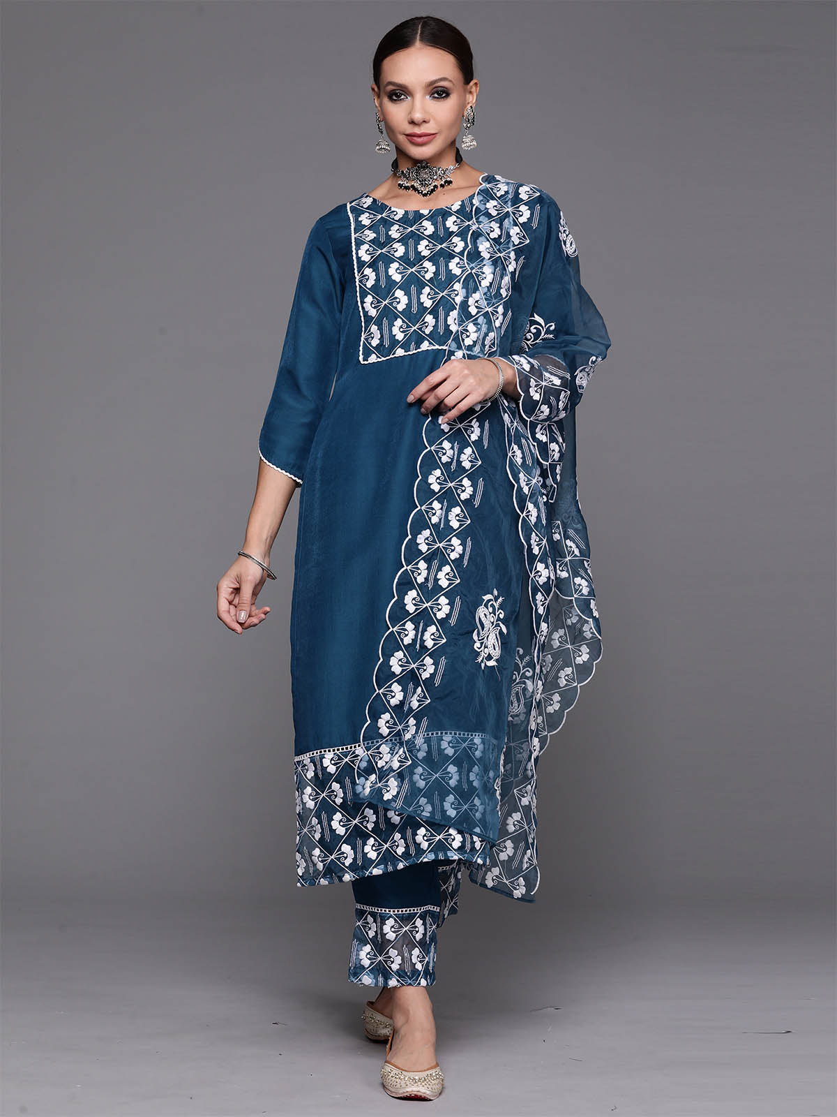 Women's Teal Embroidered Straight Kurta Trouser With Dupatta Set - Odette