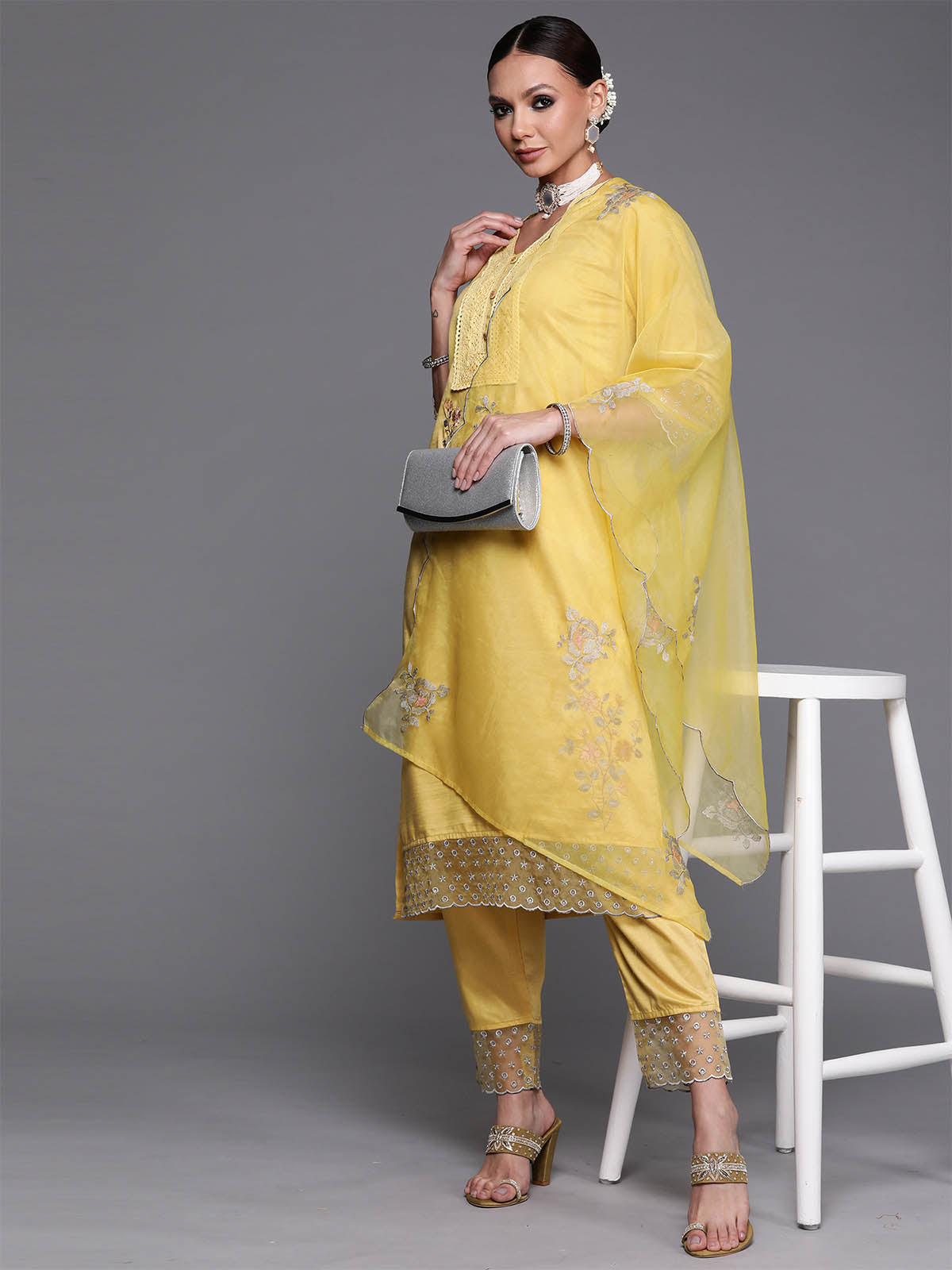 Women's Yellow Floral Embroidered Straight Kurta Trouser With Dupatta Set - Odette