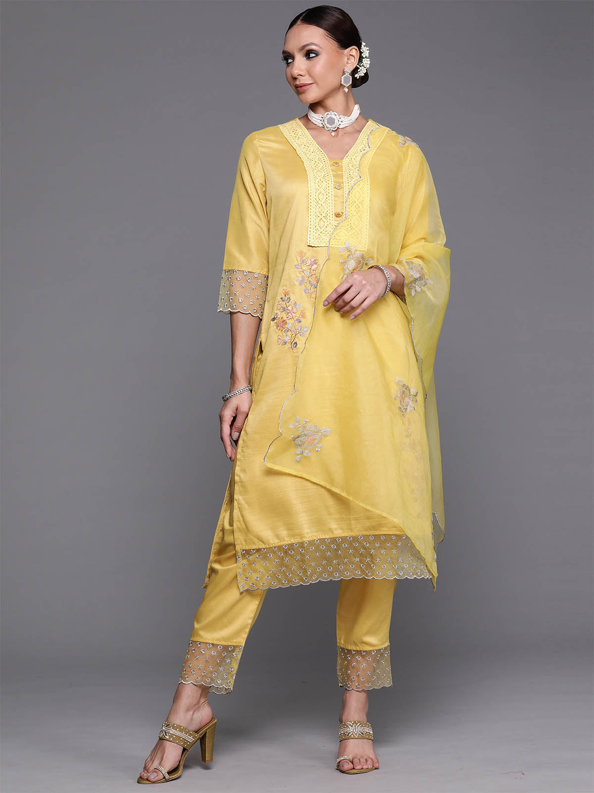Women's Yellow Floral Embroidered Straight Kurta Trouser With Dupatta Set - Odette
