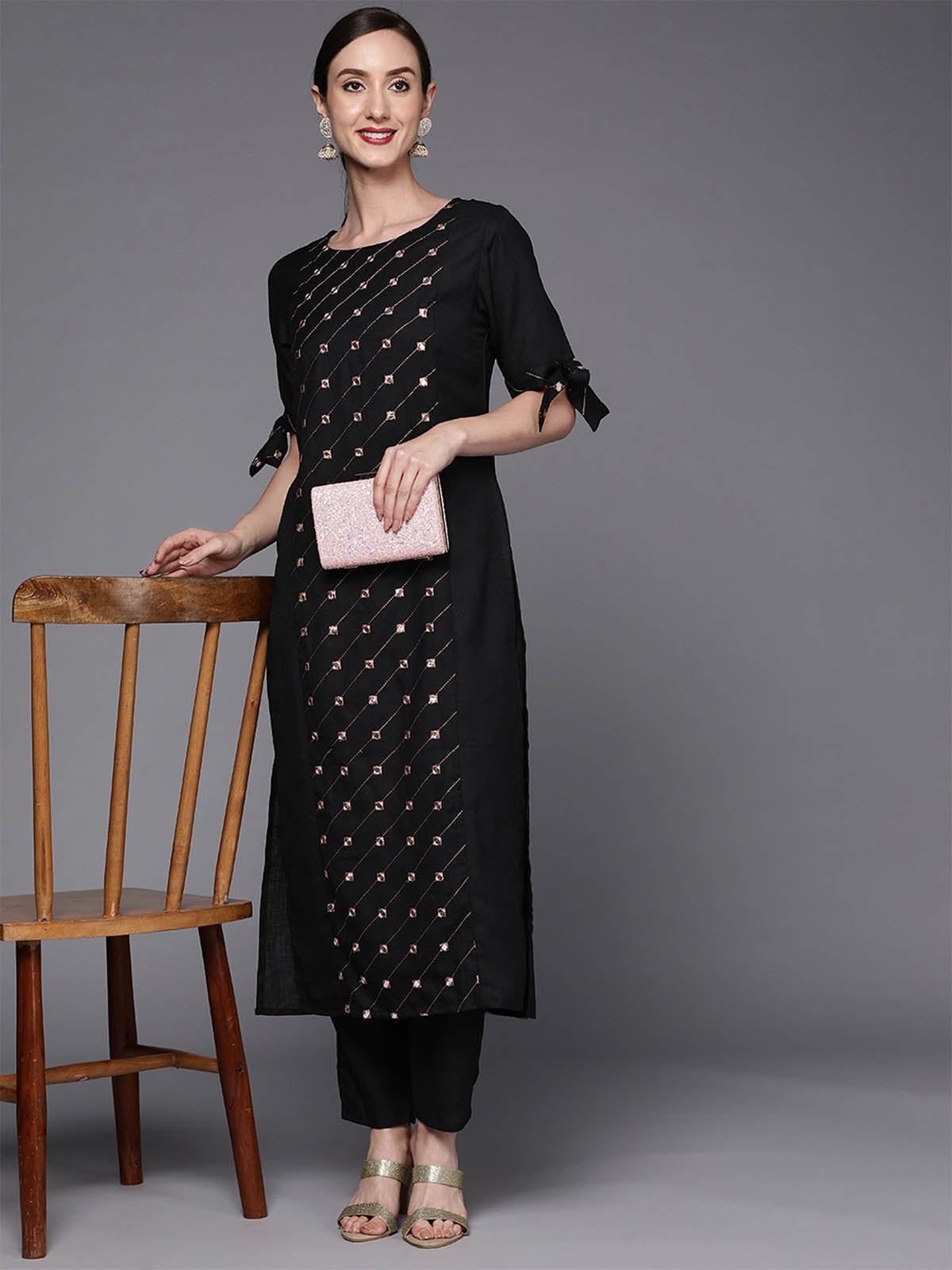 Women's Black Embroidered Straight Kurta Trouser Set - Odette