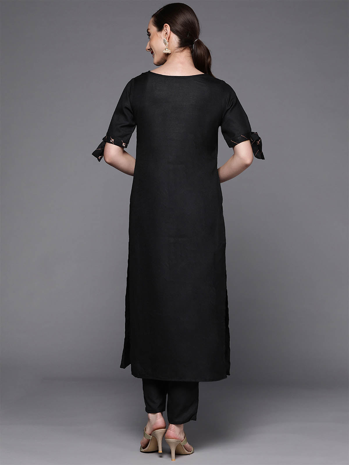 Women's Black Embroidered Straight Kurta Trouser Set - Odette