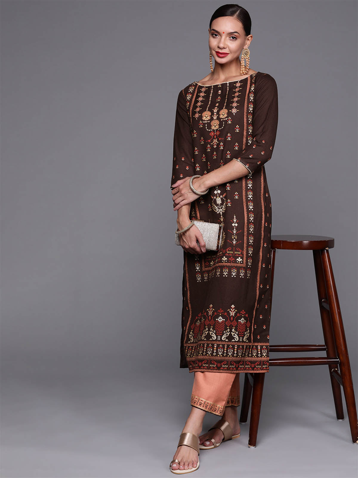 Women's Brown Foil Printed Straight Kurta With Palazzo Set - Odette