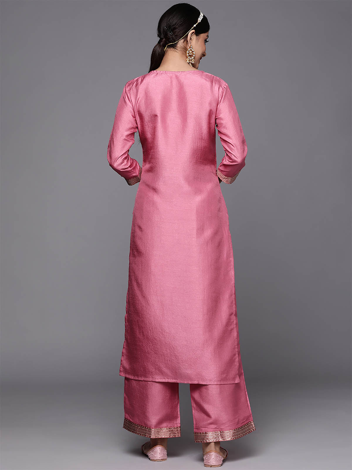 Women's Solid Pink Straight Kurta Palazzo Set - Odette