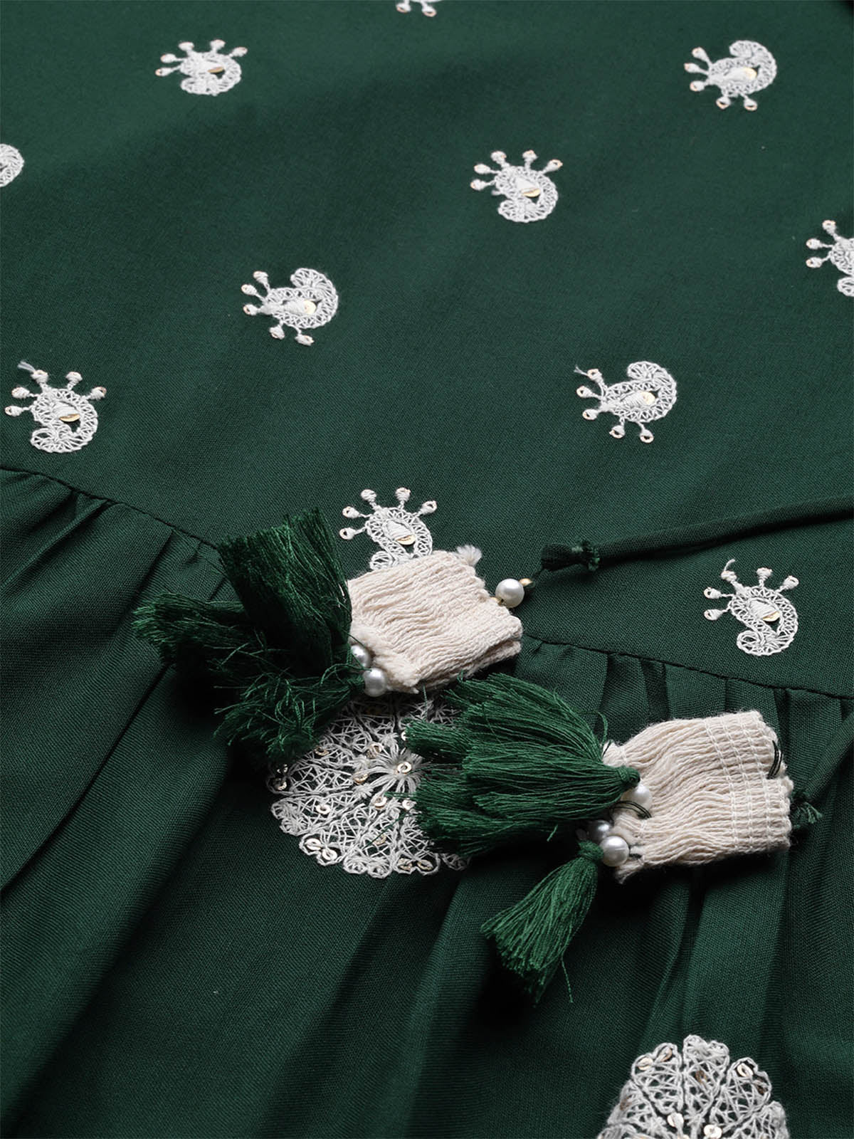Women's Bottle Green Embroidered Straight Kurta With Trouser Set - Odette