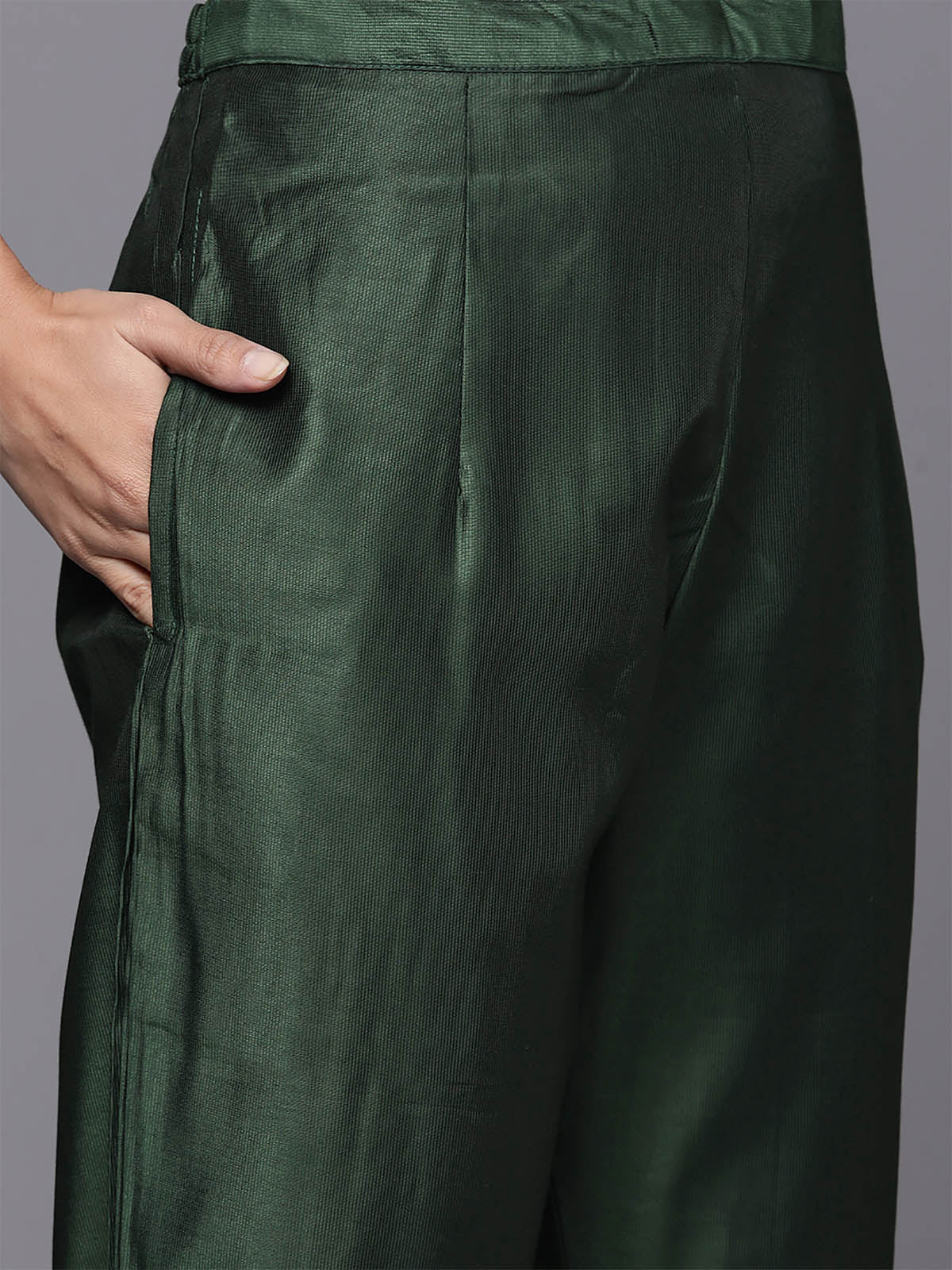 Women's Bottle Green Embroidered Straight Kurta Trouser Set - Odette