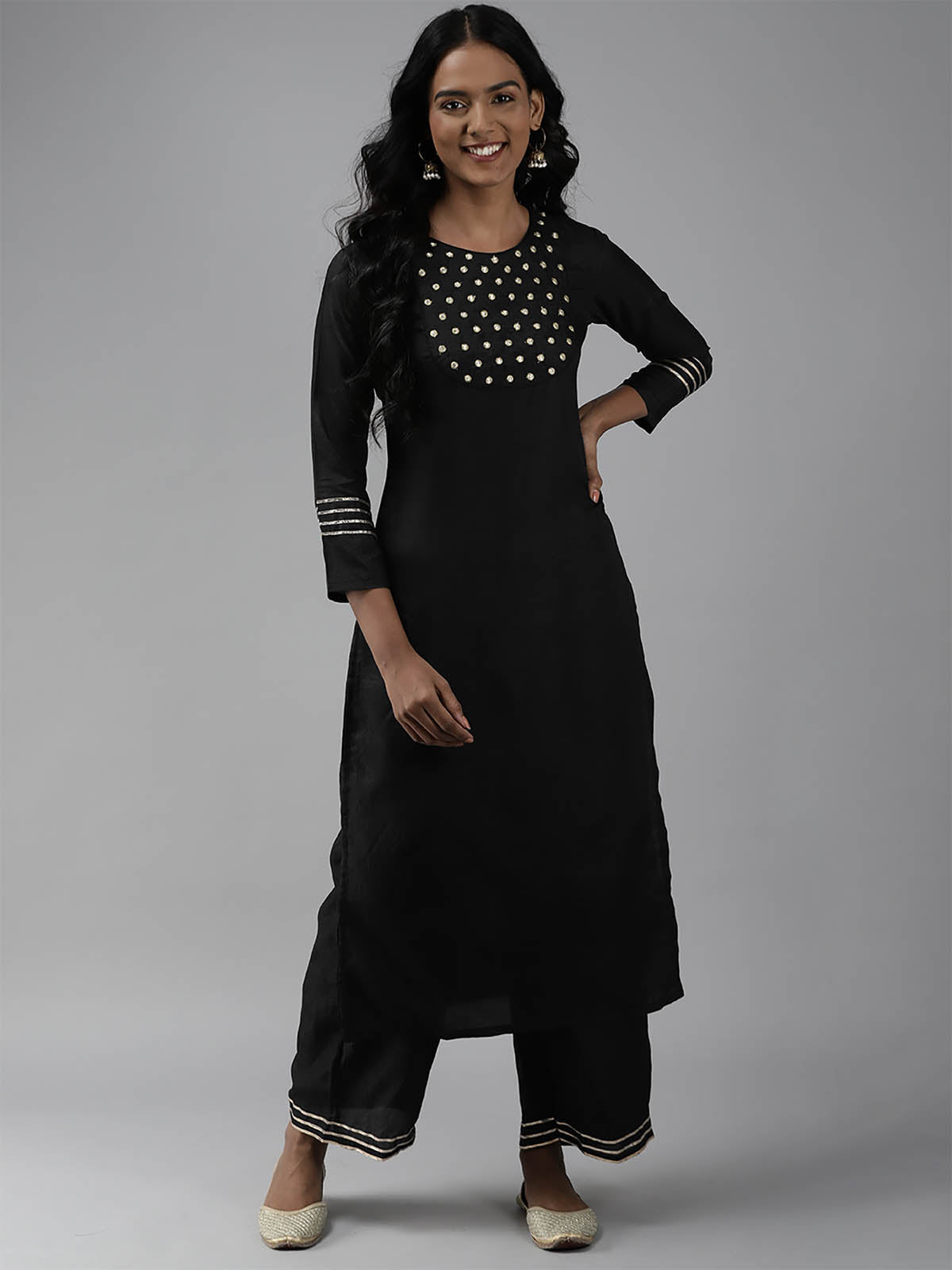 Women's Black Embroidered Straight Kurta Set - Odette