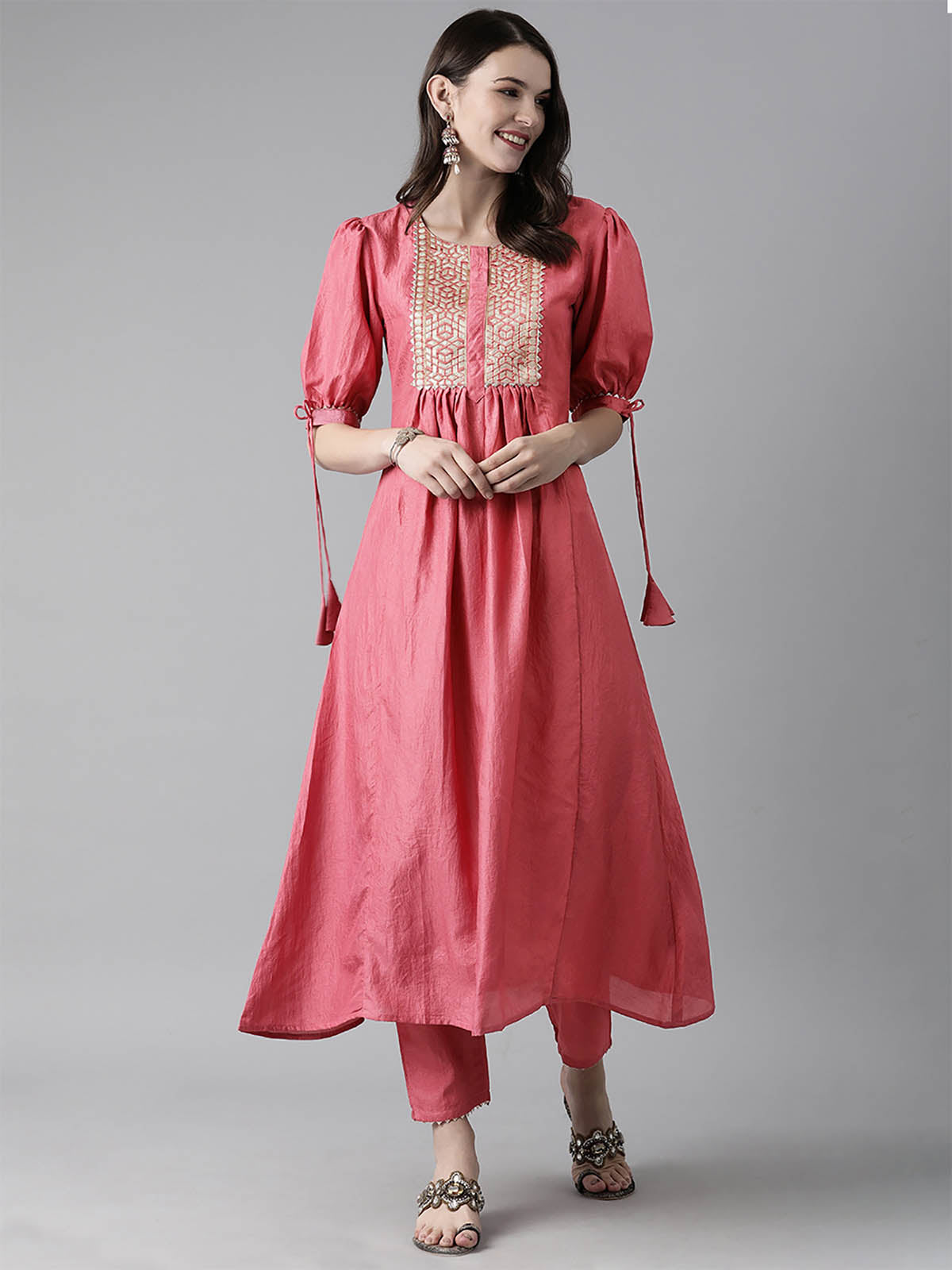 Women's Pink Solid A-line Kurta Trouser Set - Odette