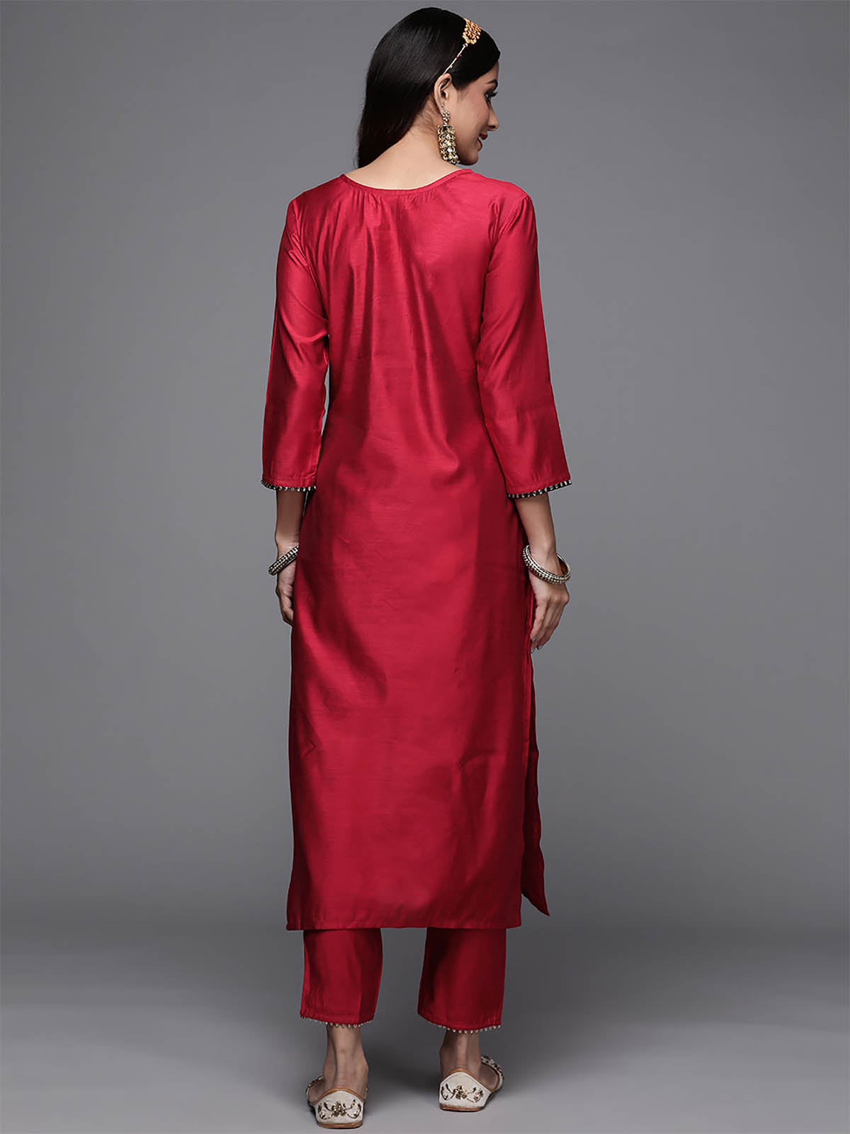 Women's Red Solid Straight Kurta Trouser Set - Odette