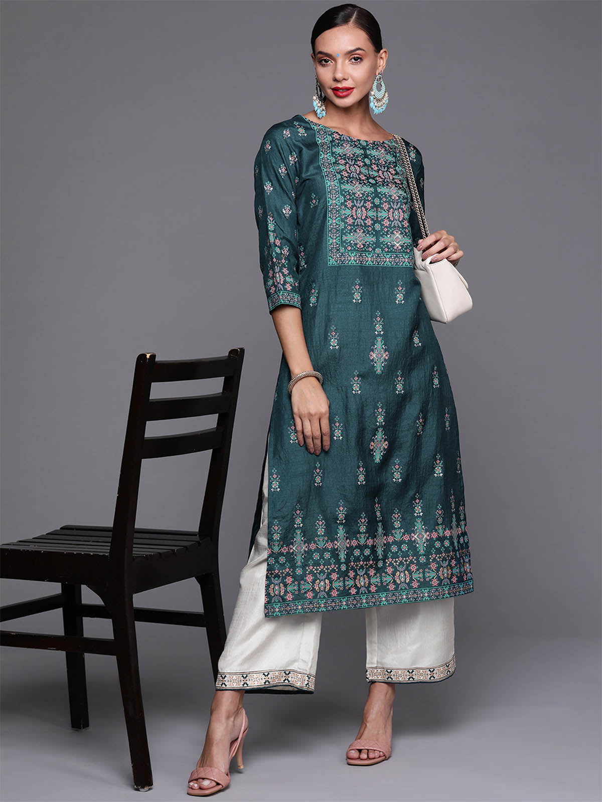 Women's Teal Foil Printed Straight Kurta With Palazzo Set - Odette