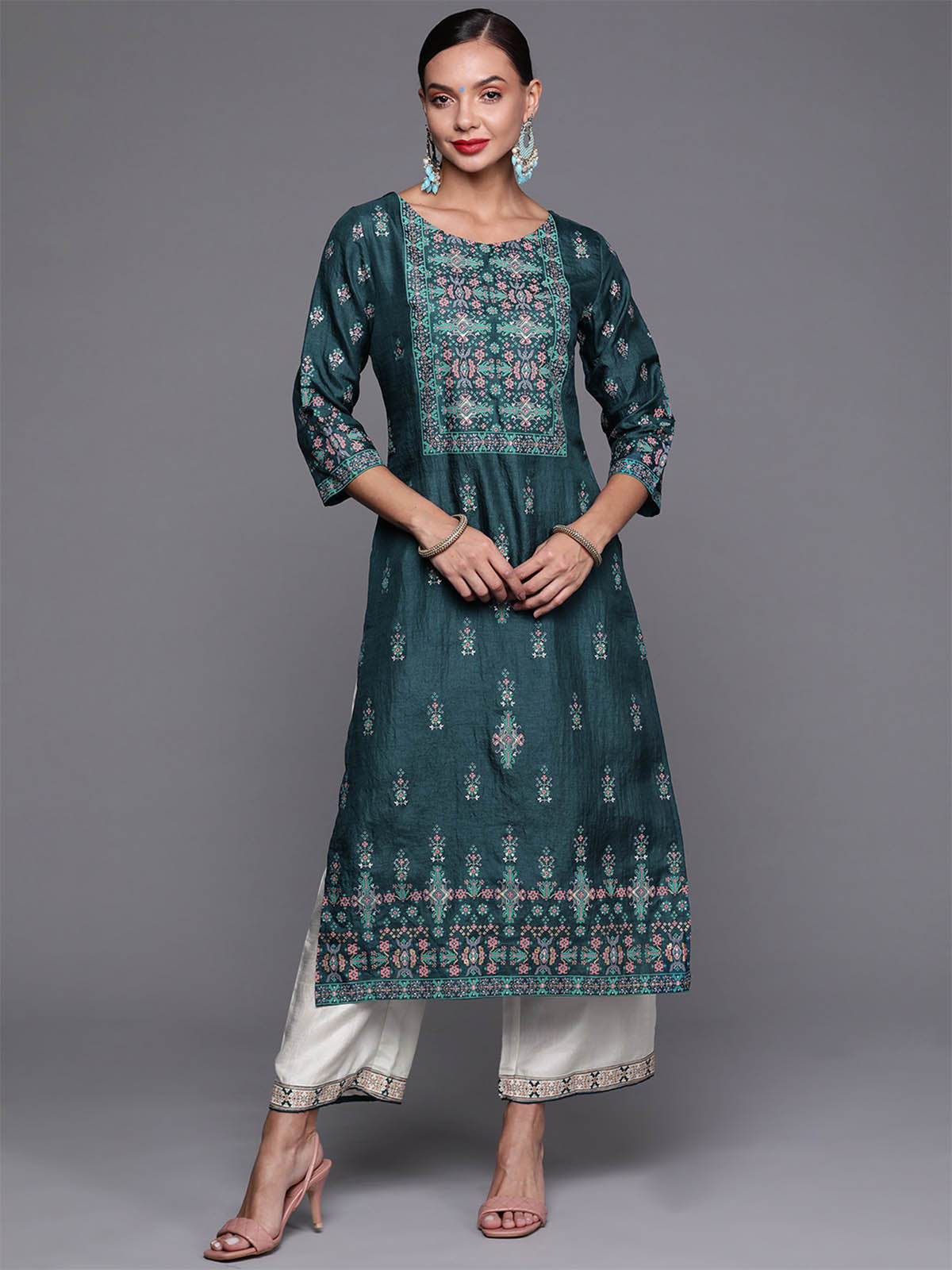 Women's Teal Foil Printed Straight Kurta With Palazzo Set - Odette