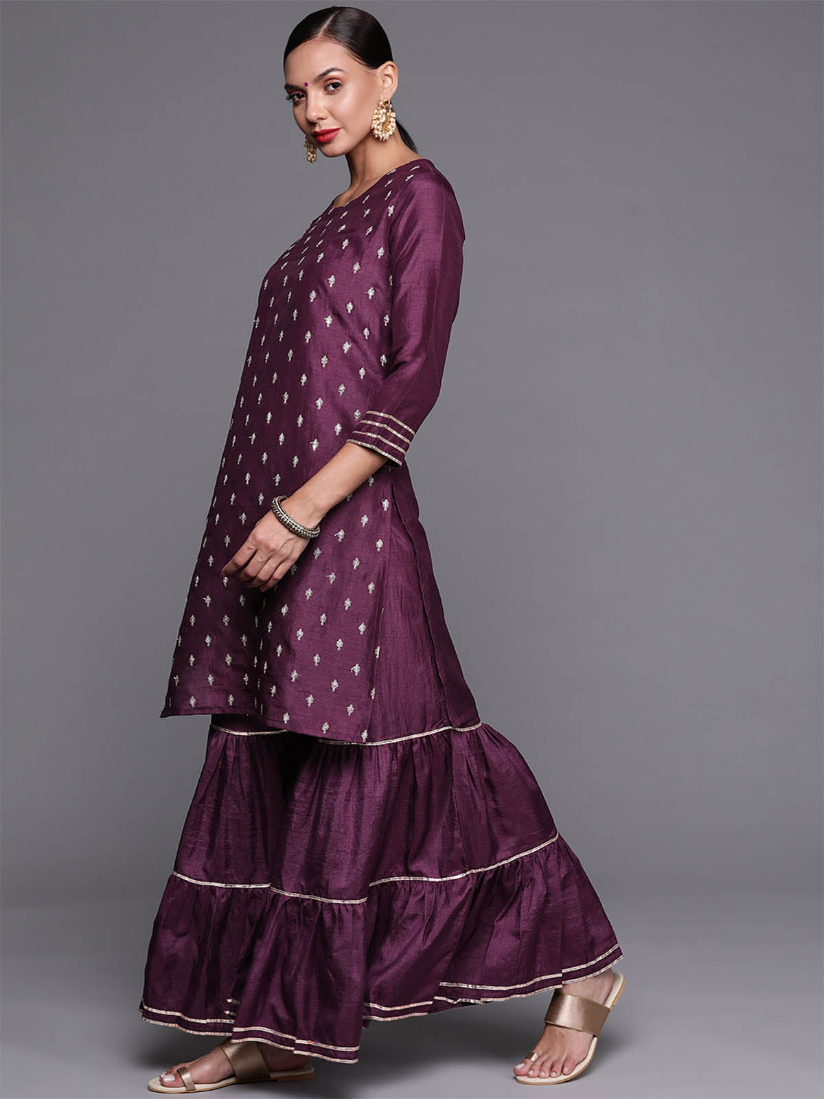 Women's Violet Embroidered Straight Kurta With Sharara Set - Odette