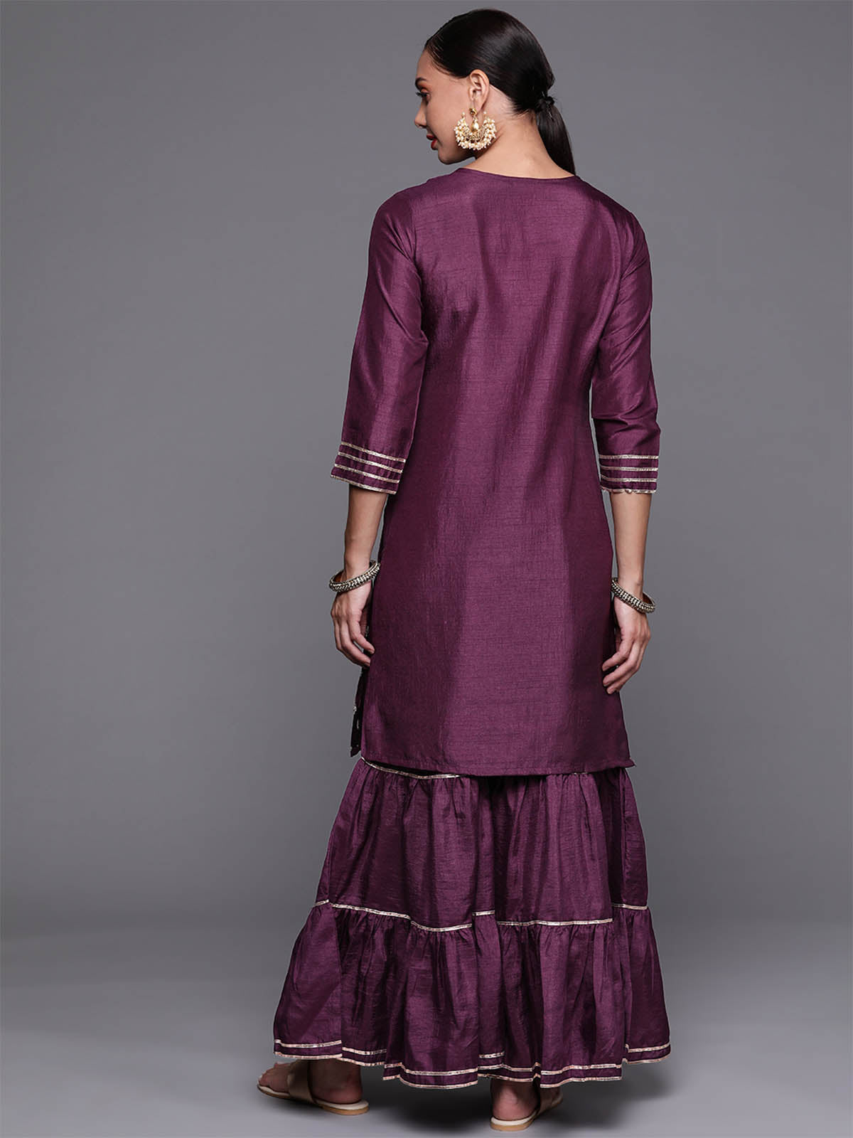 Women's Violet Embroidered Straight Kurta With Sharara Set - Odette