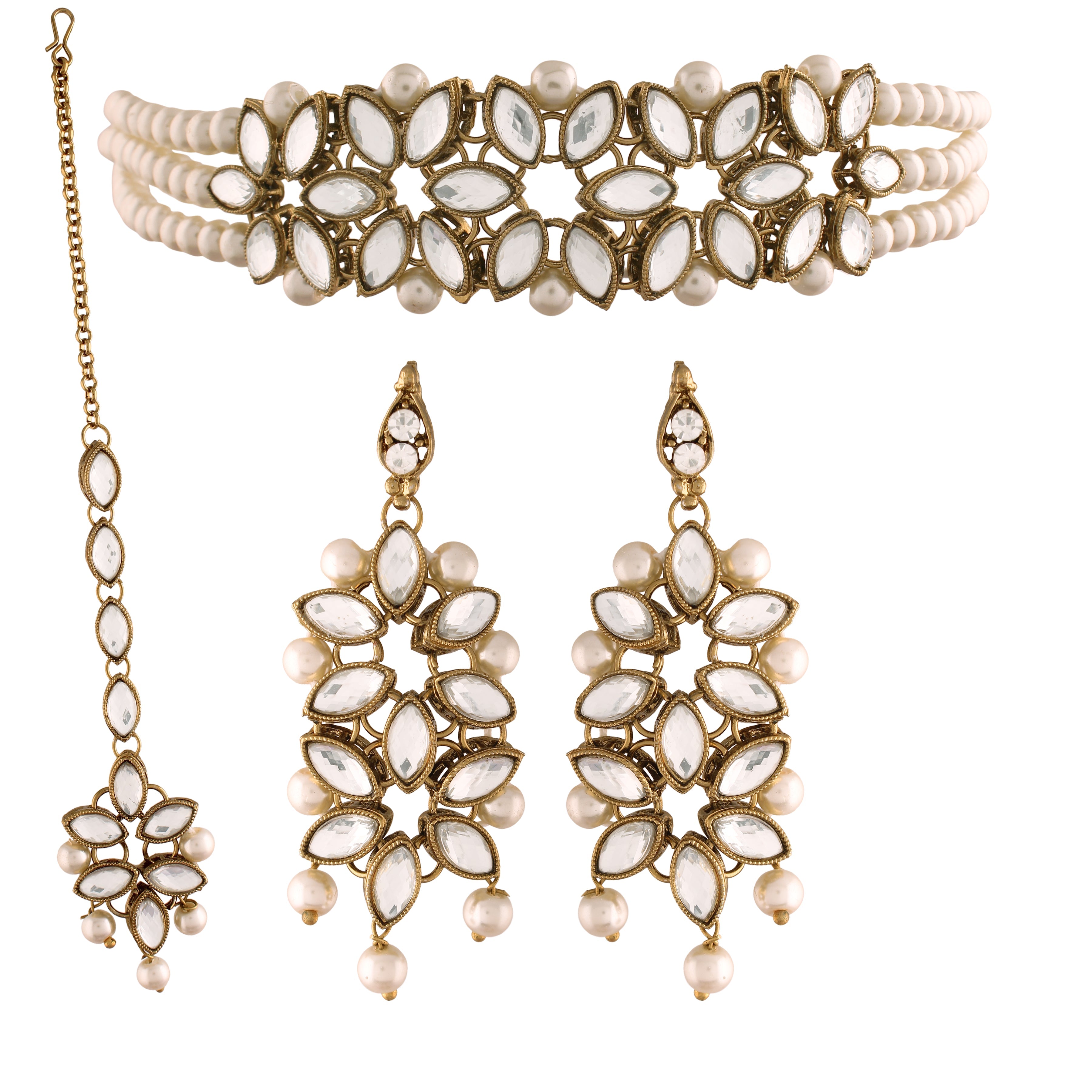 Women's 18k Gold Plated Kundan & Pearl Beaded Choker Set  - I Jewels