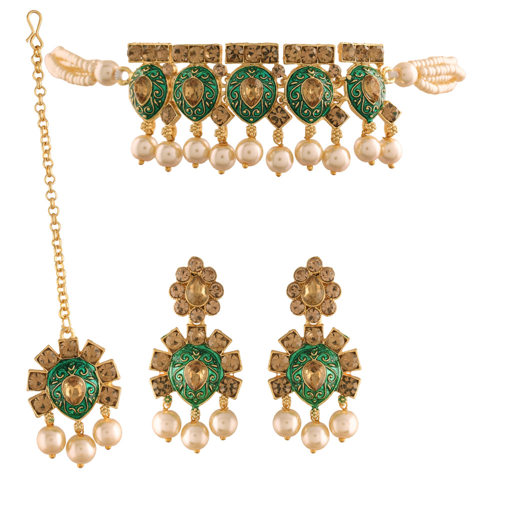 Women's 18k Gold Plated Green Meenakari Choker Set Glided With Pearls